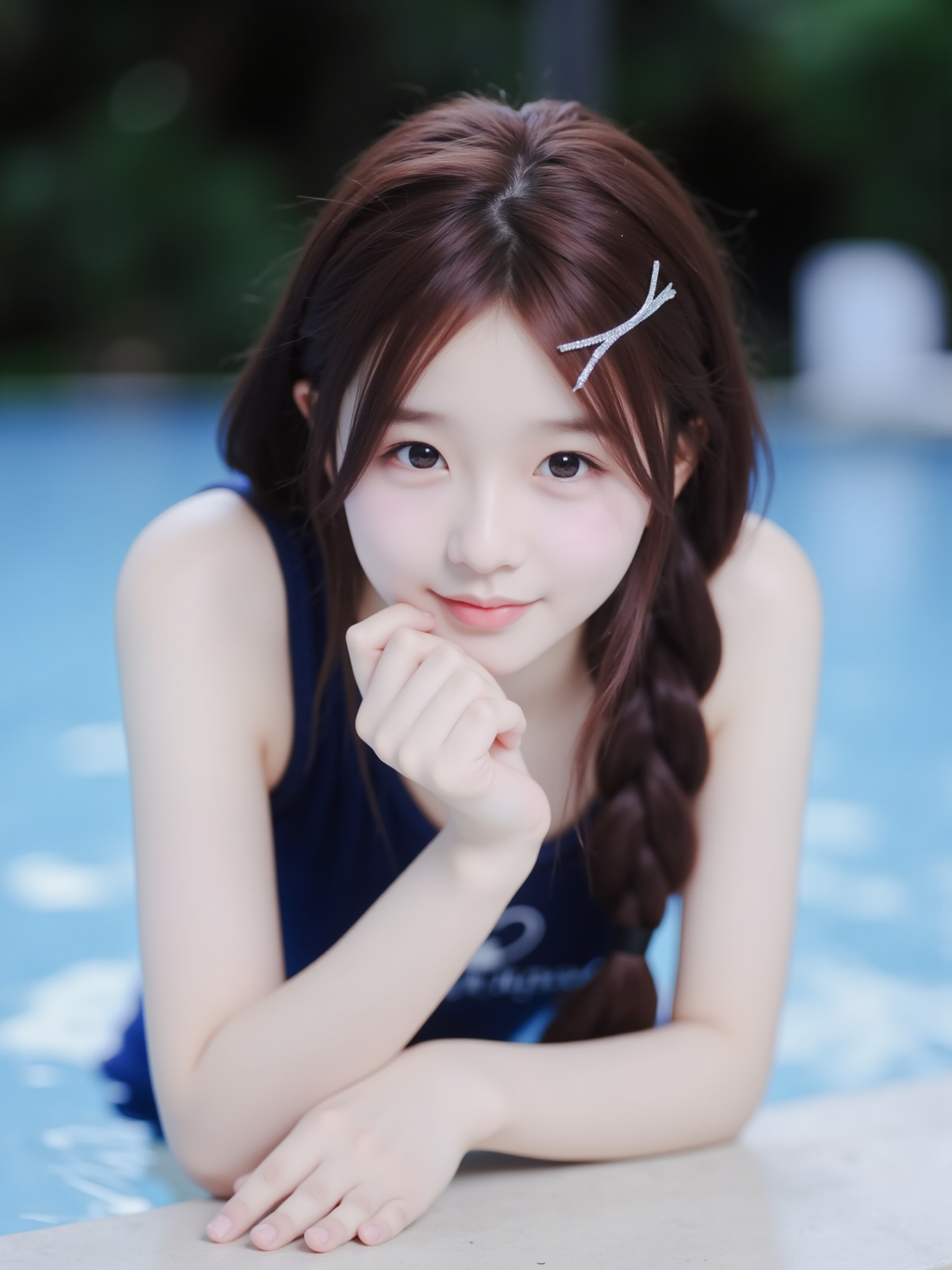 This is a high-resolution photograph featuring a young Asian woman with fair skin and a petite physique, posing at the edge of a swimming pool. She has long, straight, dark brown hair styled in a loose braid, with a small silver hair clip on the right side. Her facial features are delicate, with large, expressive brown eyes, a small nose, and a slight smile. She is wearing a sleeveless, dark blue swimsuit with a white logo on the chest, and her hands are resting on the edge of the pool, fingers slightly spread. The background is blurred, but it appears to be a lush garden or park, with greenery and a hint of sunlight filtering through the leaves. The water in the pool is clear and inviting, with a slight reflection of the sky and surrounding foliage. The overall mood of the image is serene and playful, with a focus on the subject's youthful innocence and the tranquil setting.<lora:YY-软妹F.1:1>