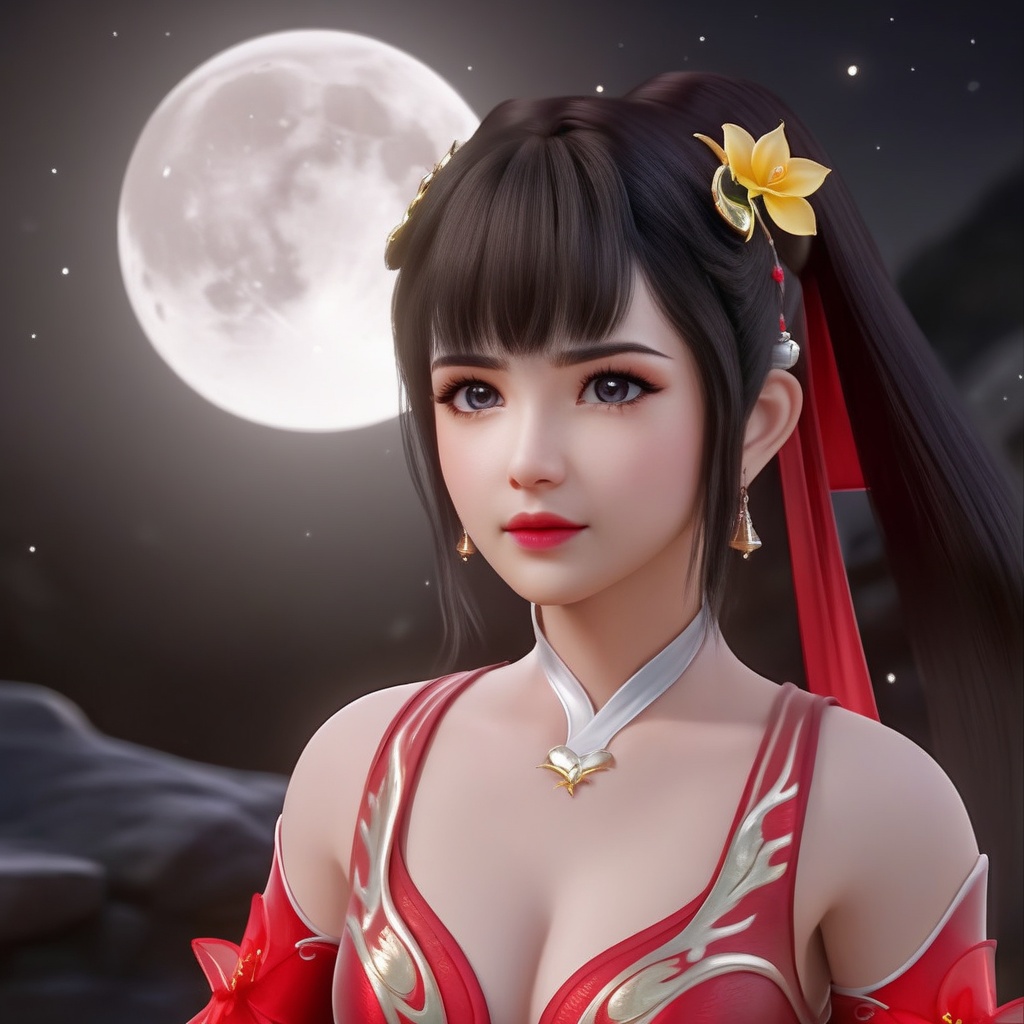 <lora:848-DA-XL-完美世界-火灵儿-幼年:0.8>, (,1girl, ,best quality, ),,  ,,ultra realistic 8k cg, ,masterpiece, (( , )),, realistic,science fiction,mole, ,     ,crescent moon, jasmine \(flower\),     (cleavage),,  (),