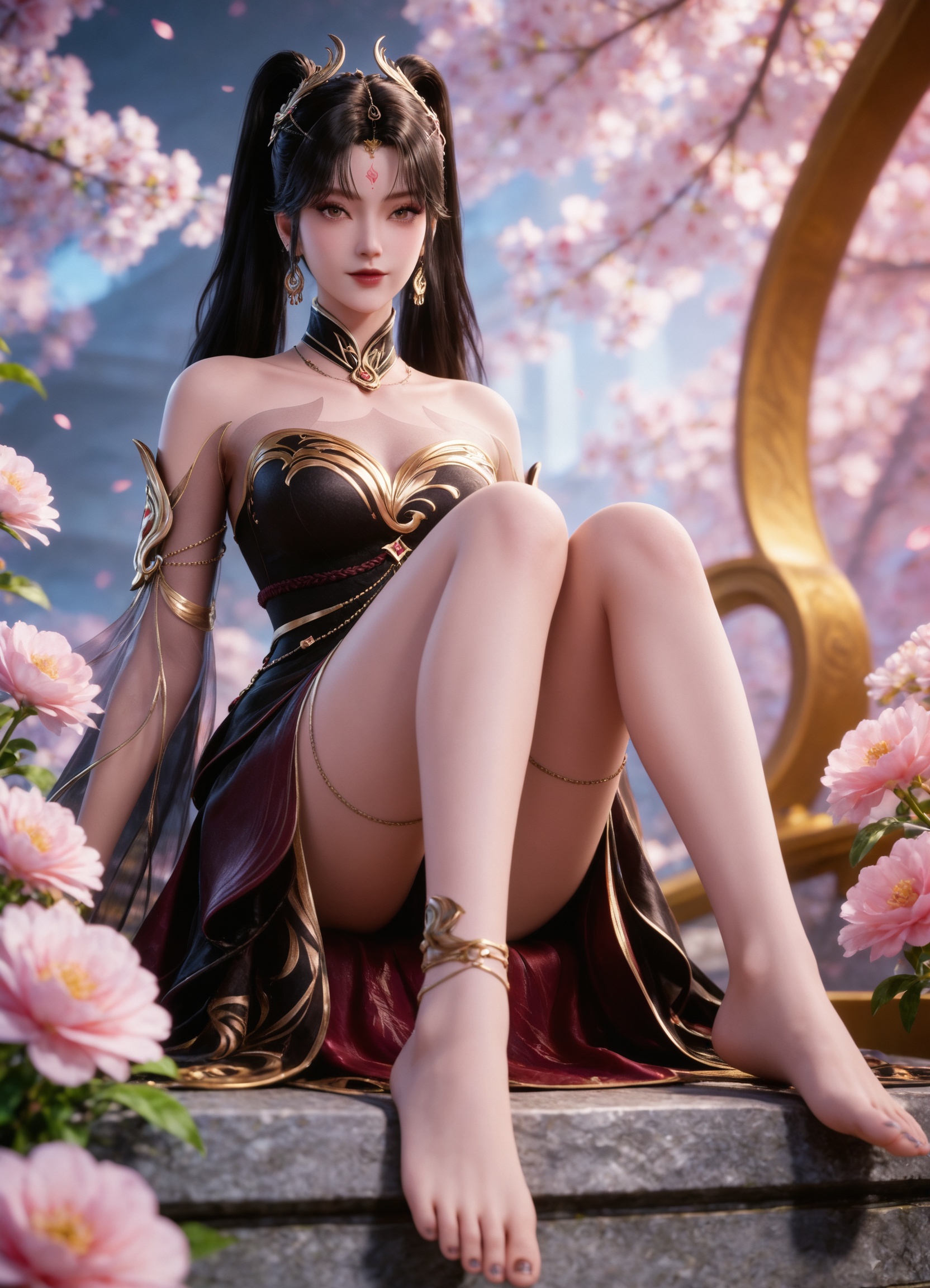 <lora:修罗武神2-蛋蛋Pony-v2:0.7> 1girl, black hair, long hair, hair ornament, forehead mark, earrings, brown eyes, twintails, bare shoulders, black dress, detached sleeves, bracelet,bare legs, barefoot,, realistic style photo,outstanding style,adding a touch of dimension to your images without compromising details,whirls of vapor,ethereal ambiance,delicate details,magical atmosphere,concept art,highly detailed,ultra-high resolution,32K UHD,sharp focus,best-quality,masterpiece,golden hour,unconventional supreme masterpiece,masterful details,temperate atmosphere,with a high-end texture,in the style of fashion photography,magazine style,Dynamic Angle,Dynamic posture,(cowboy_shot:1.2),depth of field,lens flare,extreme aesthetic,masterpiece,best quality,good quality,newest,year 2025,very aesthetic,absurdres,Visual impact,A shot with tension,ultra-high resolution,32K UHD,sharp focus,best-quality,masterpiece,Emotionalization,unconventional supreme masterpiece,masterful details,temperate atmosphere,with a high-end texture,in the style of fashion photography,(Visual impact:1.2),giving the poster a dynamic and visually striking appearance,, stairs,pink flower,bare legs,toes,black nail polish,smooth skin,barefoot,blurry,sitting,full body,feet focus,foot focus,legs up,Wet feet,