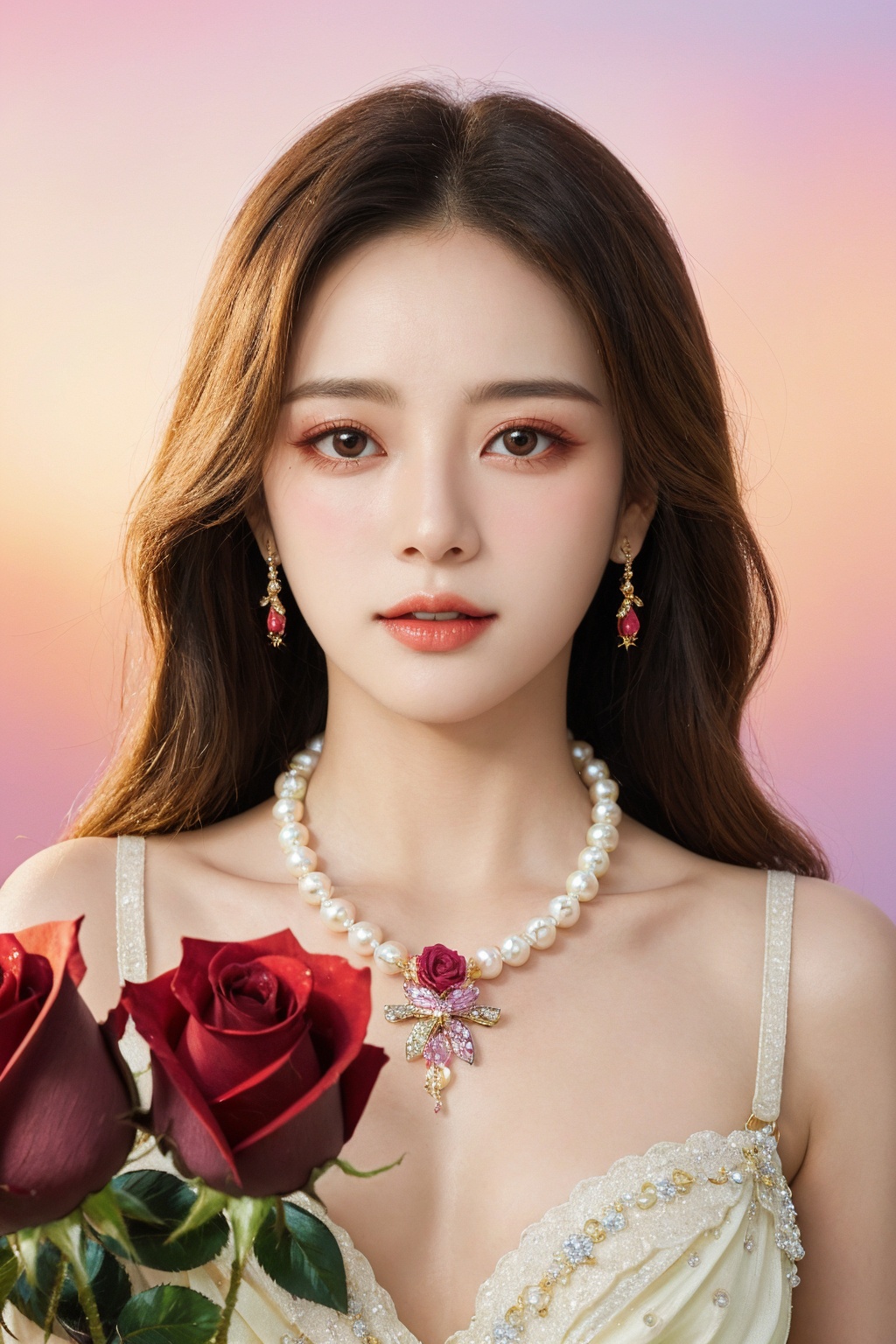 quality,8K,extremely complex details,1girl,lolita,careful eyes,looking_at_viewer,gradient art,rose,upper_body,(in the flower cluster:1.1),sky,butterfly,necklace,pearls and jewels,front,