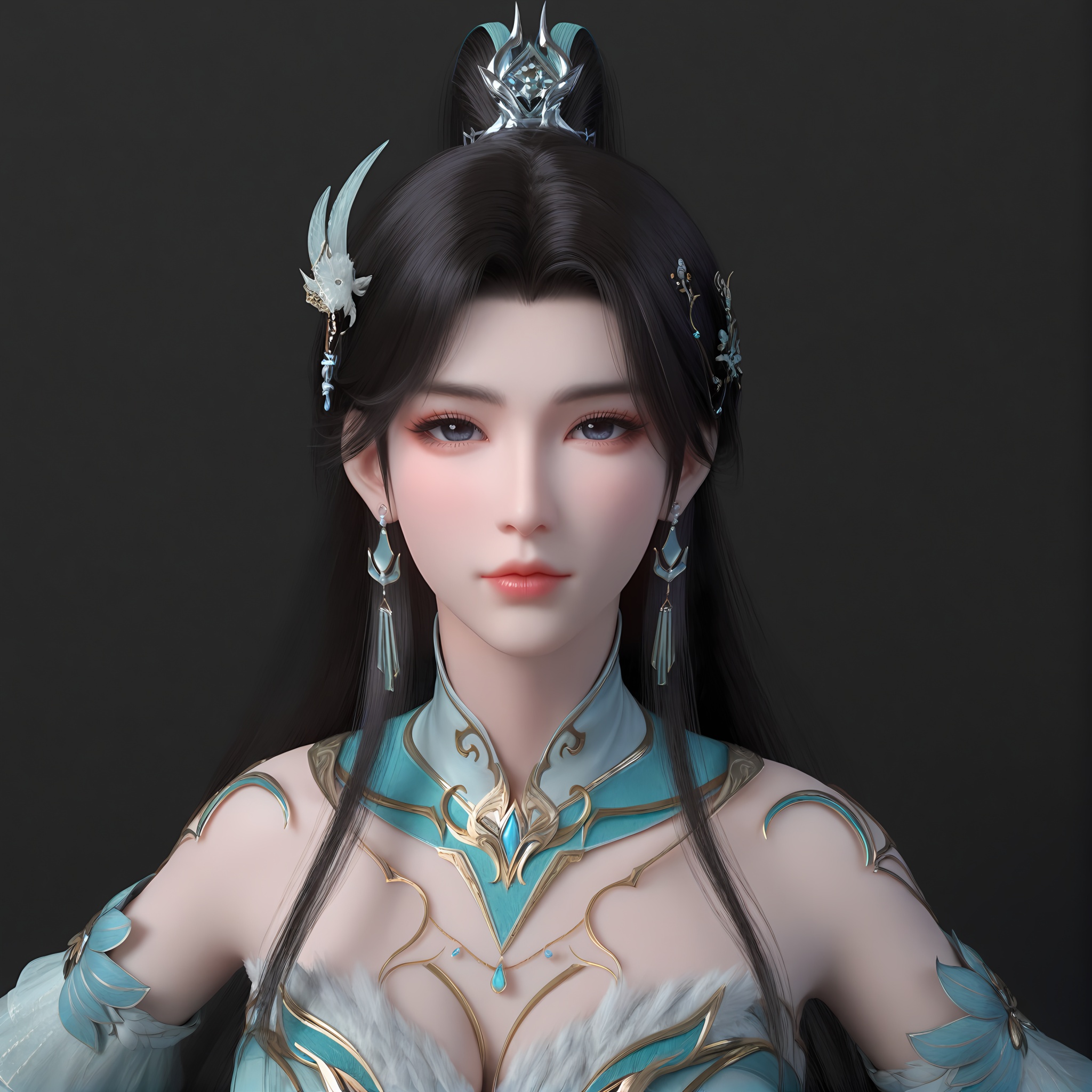 (score_9),upper body,<lora:古熏儿2-apony:0.85>,guxuner,1girl,solo,long hair,hair ornament,earrings,ponytail,hair tie,black hair,jewelry,single hair bun, gold accessory,detached collar,jewelry,dress,detached sleeves,mature_female,collarbone,large breasts,cleavage,BREAK<lora:Expressive_H-000001:0.8>,light blush,Expressiveh,looking at viewer,front view,<lora:e肤色滑块:0.25>,fair_skin,(pale skin),ultra-detailed skin texture,detailed textures,<lora:皮肤凹痕:1.2>,BREAKsimple background,black background,<lora:e色温:0.25>,4K ultra HD,sharp focus,high detail,high contrast,