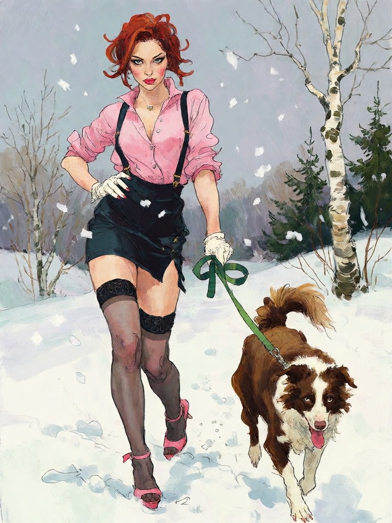 Bradhamel art style.**** A pin-up style illustration of a red-haired woman with a confident,  slightly smoky gaze walking...