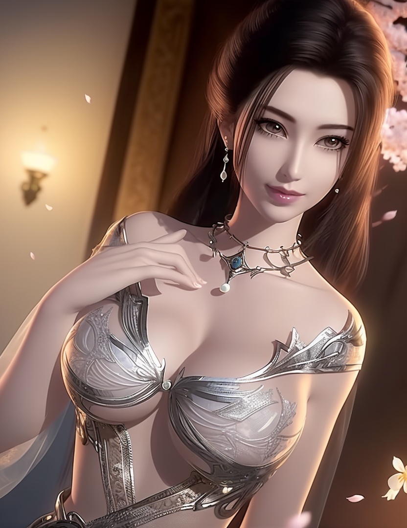 ultra realistic 8k cg, , flawless, clean, masterpiece, professional artwork, famous artwork, cinematic lighting, cinematic bloom, perfect face, beautiful face, fantasy, dreamlike, unreal, science fiction,  beautiful clothes, lace, lace trim, lace-trimmed legwear, , prestige, luxury, jewelry, diamond, gold, pearl, gem, sapphire, ruby, emerald, intricate detail, delicate pattern, charming, alluring, seductive, erotic, enchanting, hair ornament, necklace, earrings, bracelet, armlet,halo((,1girl, pov,))(((,cherry blossoms, 1girl, solo, petals,looking at viewer, large breasts, hair flower, flower, outdoors, )))  <lora:DA_CaoNvYaoNightwear:0.8>