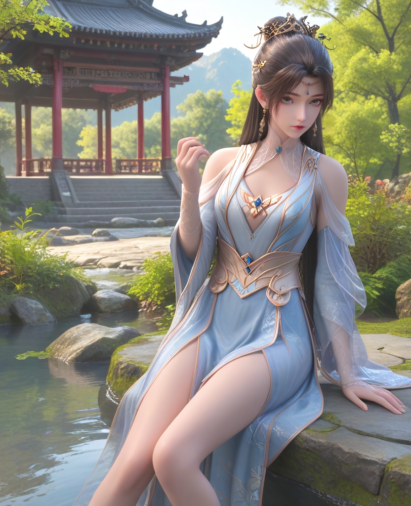 (oriental architecture, elegant decor, sophisticated style:1.1),(Sitting on a rock by a river, dipping fingers in the water, enjoying the tranquility,:1.1),(breasts:1.2),<lora:XL16神墓雨馨:0.95>,miss yuxin,white blue tiered dress,blue eyes,black hair,traditional chinese updo with long cascading hair,hair ornament,jewelry,earrings,sash,, score_9,score_8_up,score_7_up,score_6_up,score_5_up,score_4_up,3d rendering,tag1,tag2, Cinematic Lighting,backlighting,