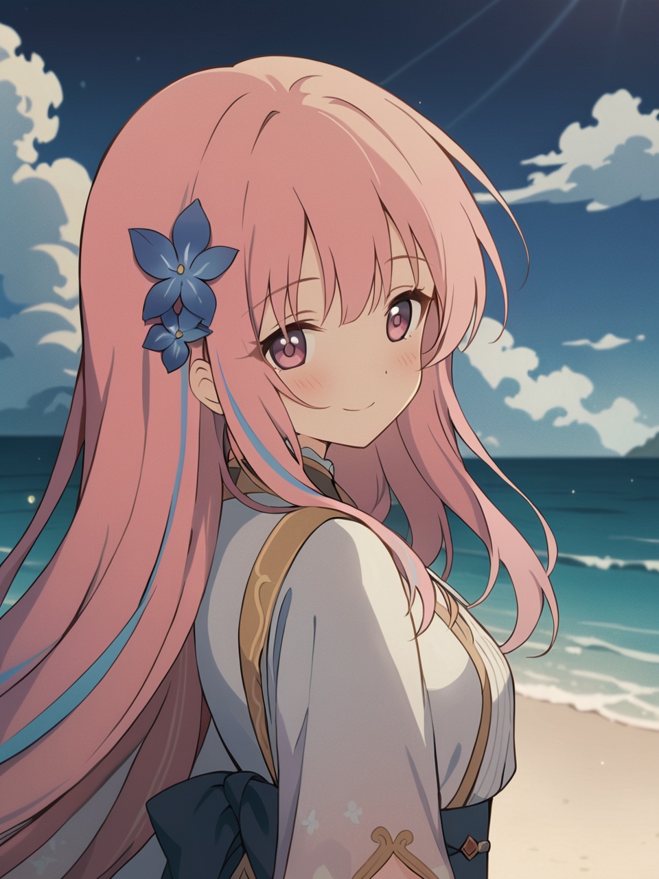 masterpiece,best quality,extremely detailed CG unity 8k wallpaper,Depth of field,cinematic lighting,backlighting,cel shading,anime screencap,long hair,beautiful detailed eyes,1girl,finely detail,(upper body:1.2),pink hair,(blue streaked hair:1.25),blue sky with cloud,sea,(flower near sea:1.5),art by princess connect!,original,seductive smile,random pose,solo,looking at viewer,ribbon,standing on beach,near water,blush,blunt bangs,blue water,<lora:GI.inazuma-fp8-lokr:0.8>,
