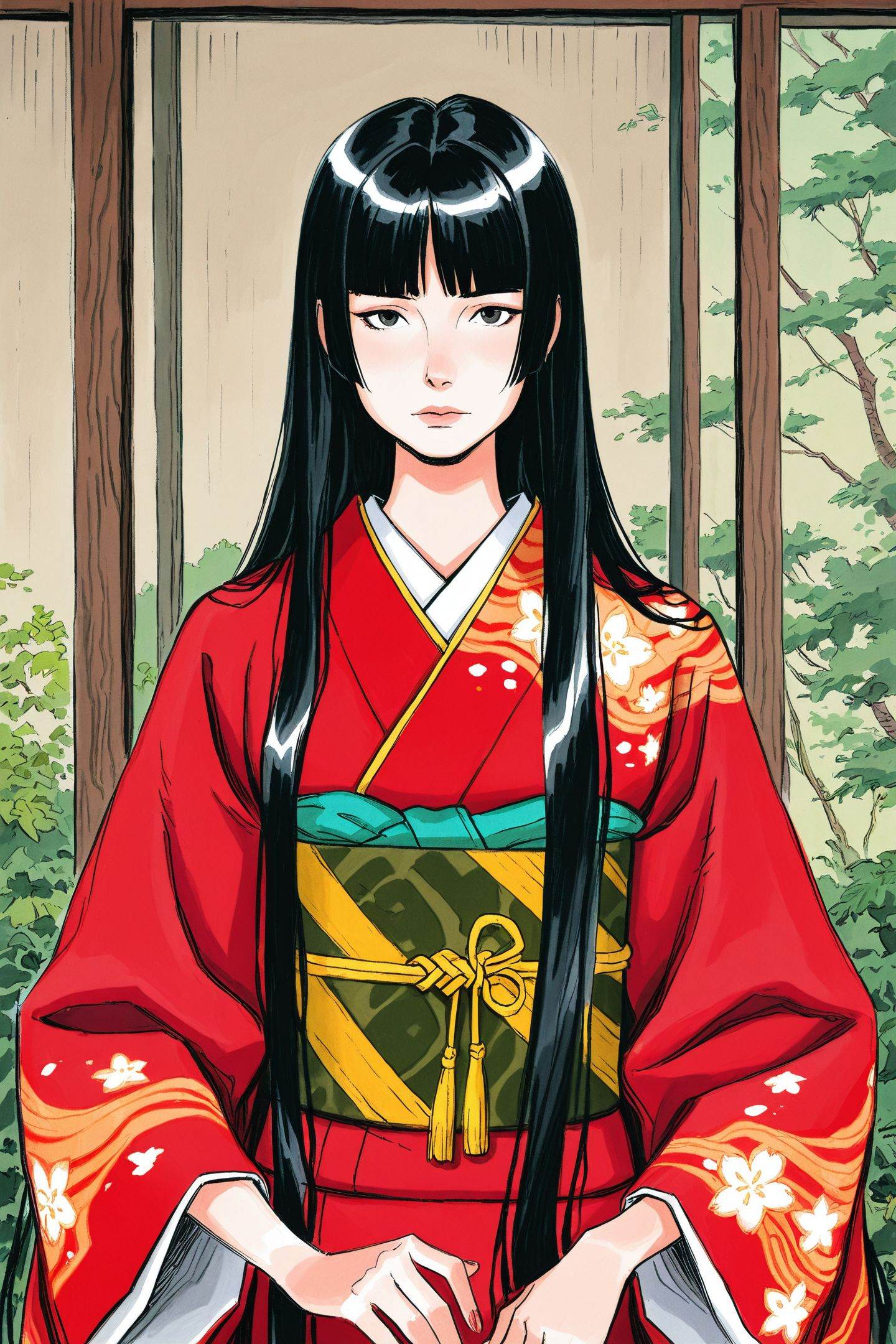 ami thompson Style Type-II,1girl,solo,japanese clothes,kimono,long hair,black hair,very long hair,obi,sash,hime cut,red kimono,wide sleeves,traditional media,sketch,upper body,<lora:ami thompson_illustriousXL:1>,