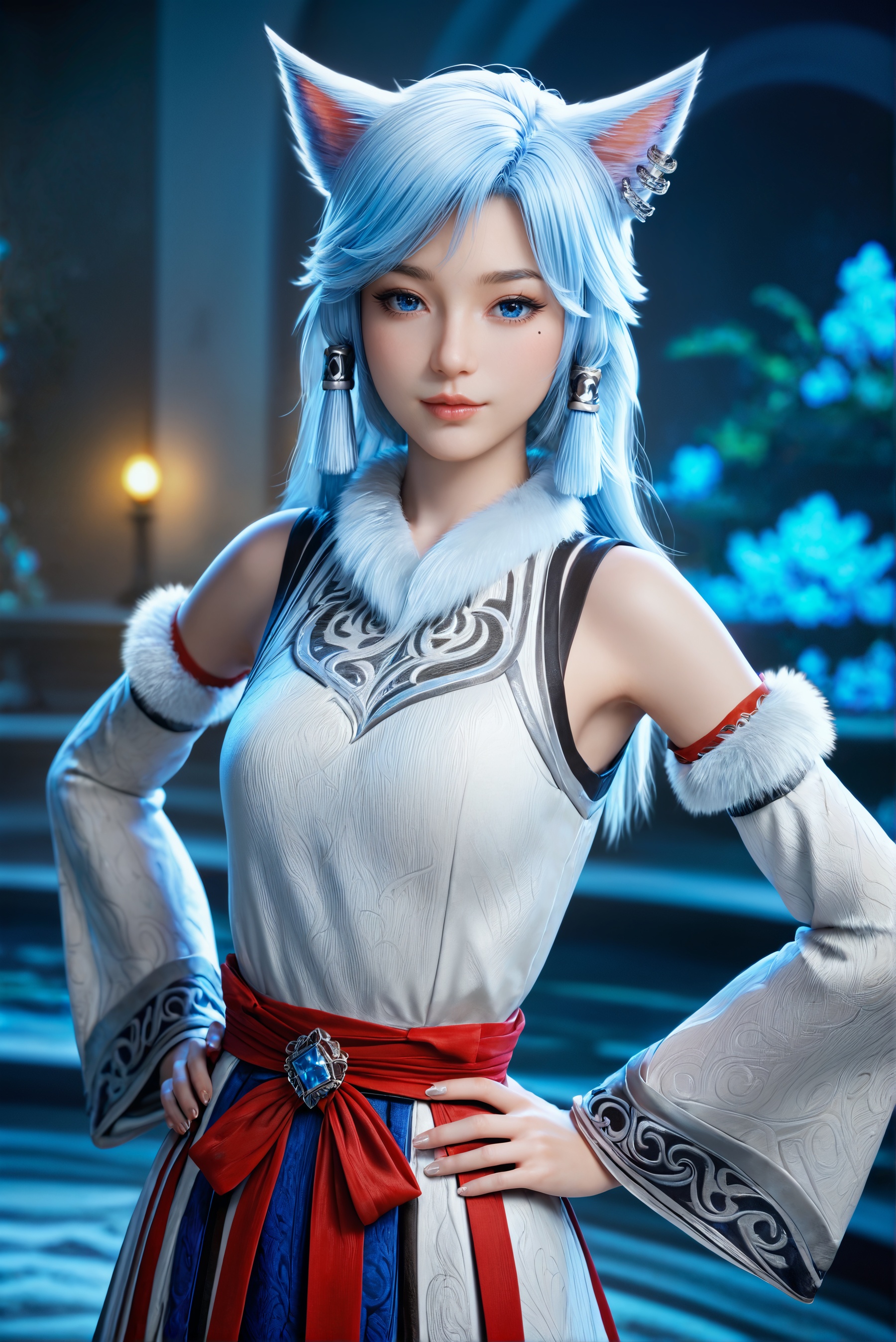 score_9,score_8_up,score_7_up,1girl,solo,3d,ultra-detailed,high resolution,perfect lighting,flawless skin,sharp focus,extremely detailed anatomy,Exquisite Craftsmanship,High-Resolution Beauty,Unparalleled Artistic Quality,masterpiece,best quality,official art,extremely detailed CG unity 8k wallpaper,<lora:银月:0.7>,animal ears,blue eyes,blue hair,detached sleeves,fur trim,hair tubes,hand on own hip,jewelry,lips,long hair,looking at viewer,miqo'te,mole,realistic,sleeveless,white hair,