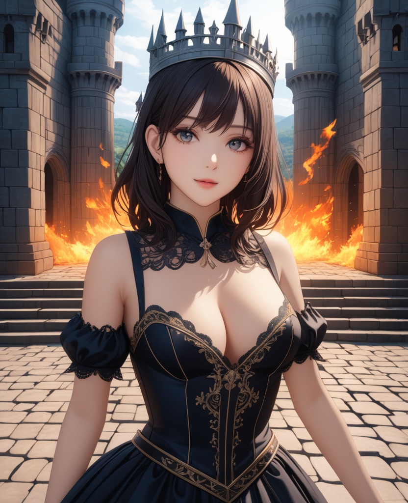 (,1girl, ,best quality, ),looking at viewer,ultra detailed background,ultra detailed background,ultra realistic 8k cg, ,masterpiece, (( , )),     ,castle,     pyrokinesis,  (cleavage), (),