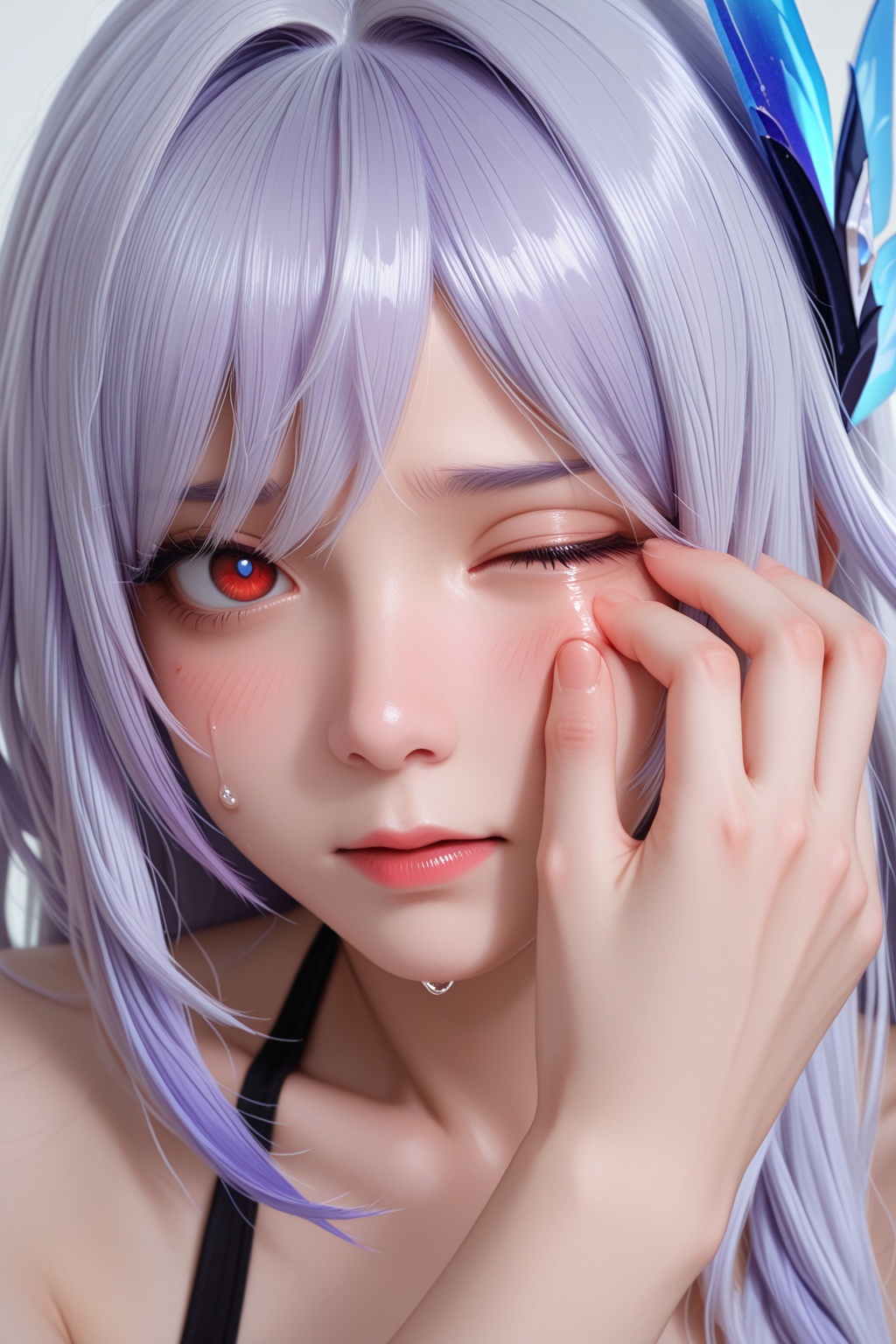 masterpiece,skirk \(genshin impact\),1girl,purple hair,red eyes,very long hair,ears,wiping_tears,close one eye,