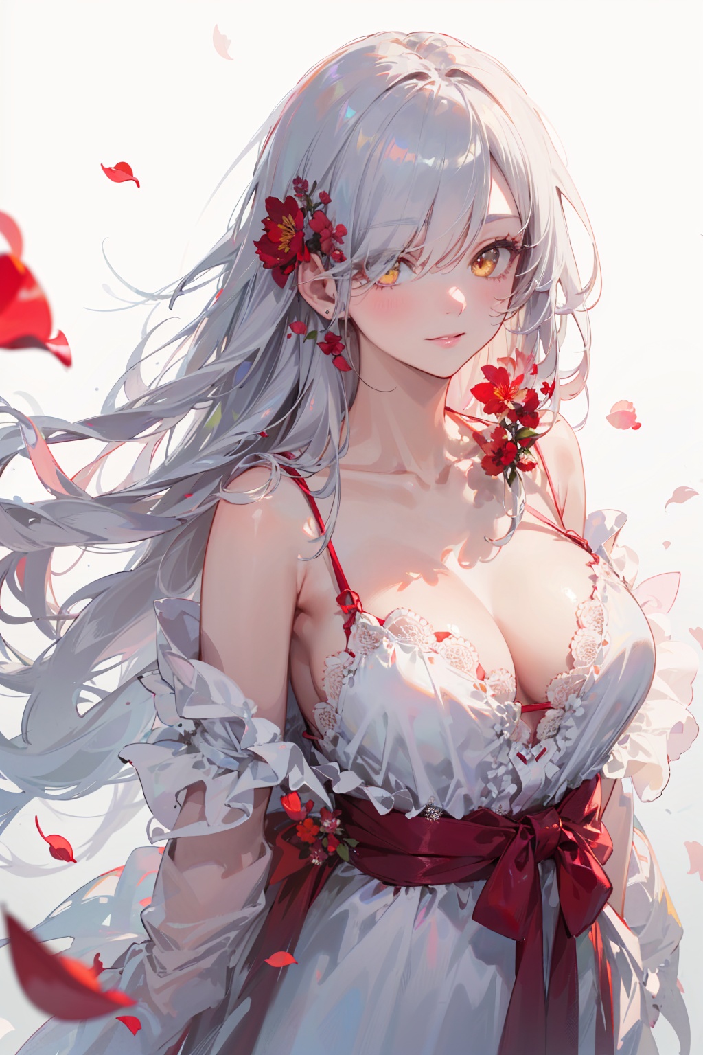 masterpiece,best quality,(realistic:1.2),1girl,solo,looking at viewer,silver hair,yellow eyes,beautiful and detailed face,evil smile,upper body,collarbone,collarbone,large breasts,white long translucent night gown,expressionless,hair cover one eye,long hair,red hair flower,standing,blood,(plenty of red petals:1.35),white background),simple background,