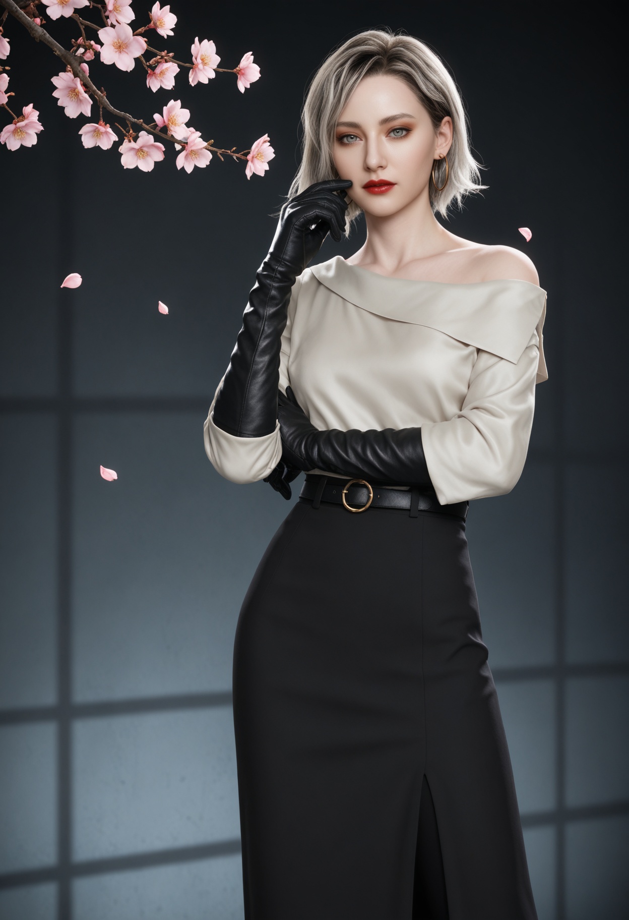 (cowboy shot:1.2),(looking at viewer:1.1),masterpiece,(best quality),smog,Dark room,dim lighting,peach blossom,falling petals,<lora:YQ_Illustrious光辉v5_格蕾丝_V1:0.8>,q1528437228,solo,1girl,short hair,shirt,earrings,jewelry,blonde hair,gloves,black gloves,white shirt,grey eyes,hoop earrings,skirt,grey hair,red lips,black skirt,belt,long sleeves,long skirt,brown eyes,pants,black footwear,black hair,boots,elbow gloves,lipstick,blue eyes,multicolored hair,off-shoulder shirt,