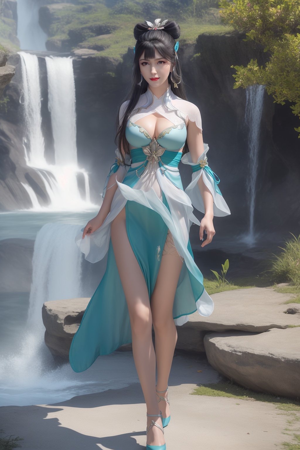 ultra realistic 8k cg,flawless,clean,masterpiece,professional artwork,famous artwork,perfect face,beautiful face,best quality,full_shot,absurdres,shenfengYuZiMo,1girl,solo,dress,chinese clothes,short sleeves,double bun,short sleeves,standing,detached sleeves,bangs,bare shoulders,cleavage cutout,clothing cutout,torogao,smile,makeup,red lips,breasts,large breasts,jewelry,earrings,hair ornament,(outdoors:1.4),water,waterfall,butterfly,flower,hair ribbon,hair rings,ribbon,long hair,realistic,looking at viewer,shoes,aqua footwear,<lora:shenfengYuZiMo_20240107105931-000002:0.7>,