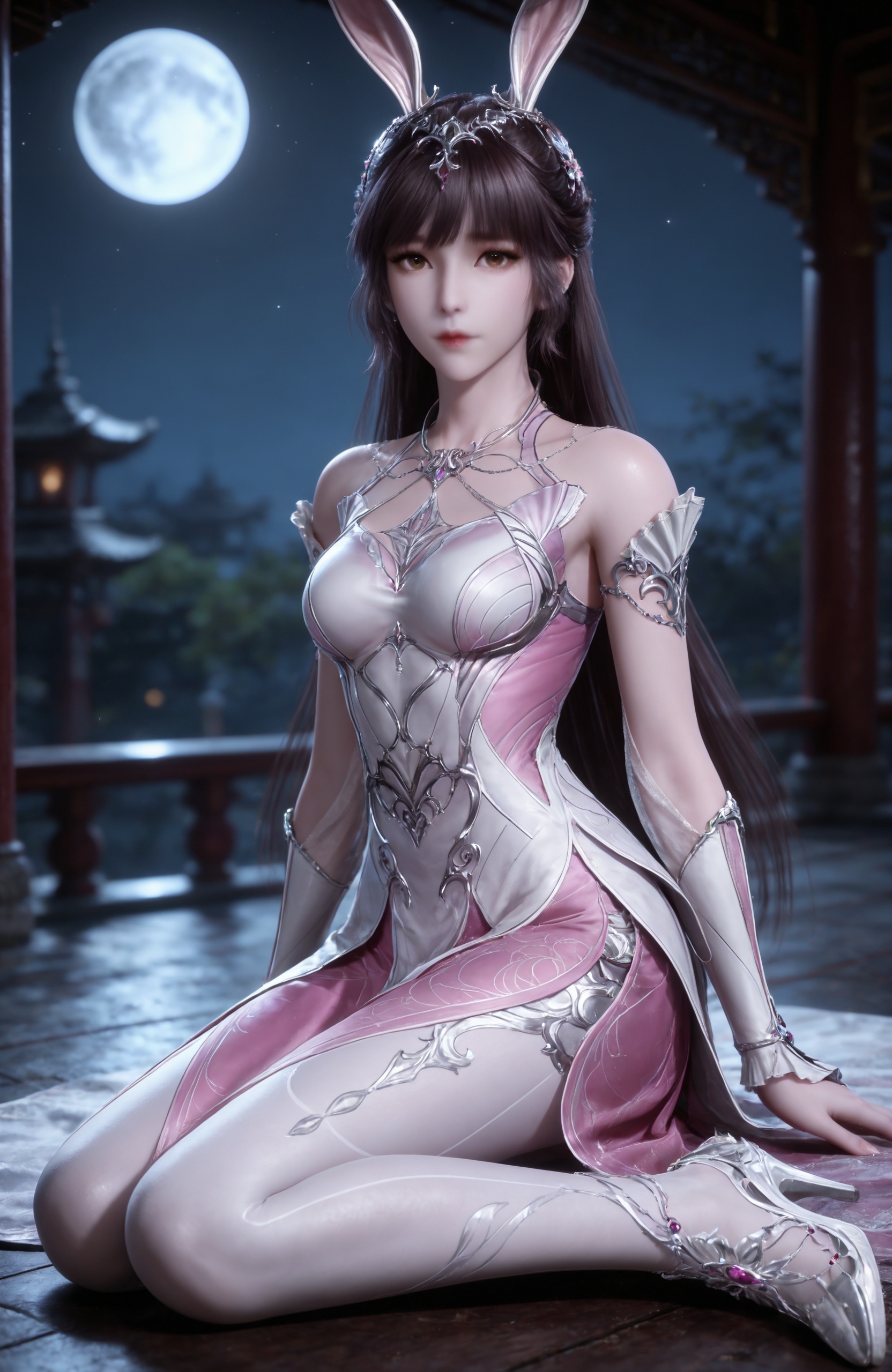 <lora:斗罗大陆-小舞IL2:0.7> 1girl, long hair, brown hair,brown eyes, hair ornament, rabbit ears, pink dress, metal collar, bare shoulders, white pantyhose, high heels, 1girl,solo,shiny,shiny_hair,upper_body,fair_skin,white_skin,shiny_skin,shiny,Ivory_skin,looking at viewer,cinematic lighting,volumetric lighting,solo focus,blurry background,depth of field,night,sky,night sky,full moon,moonlight,