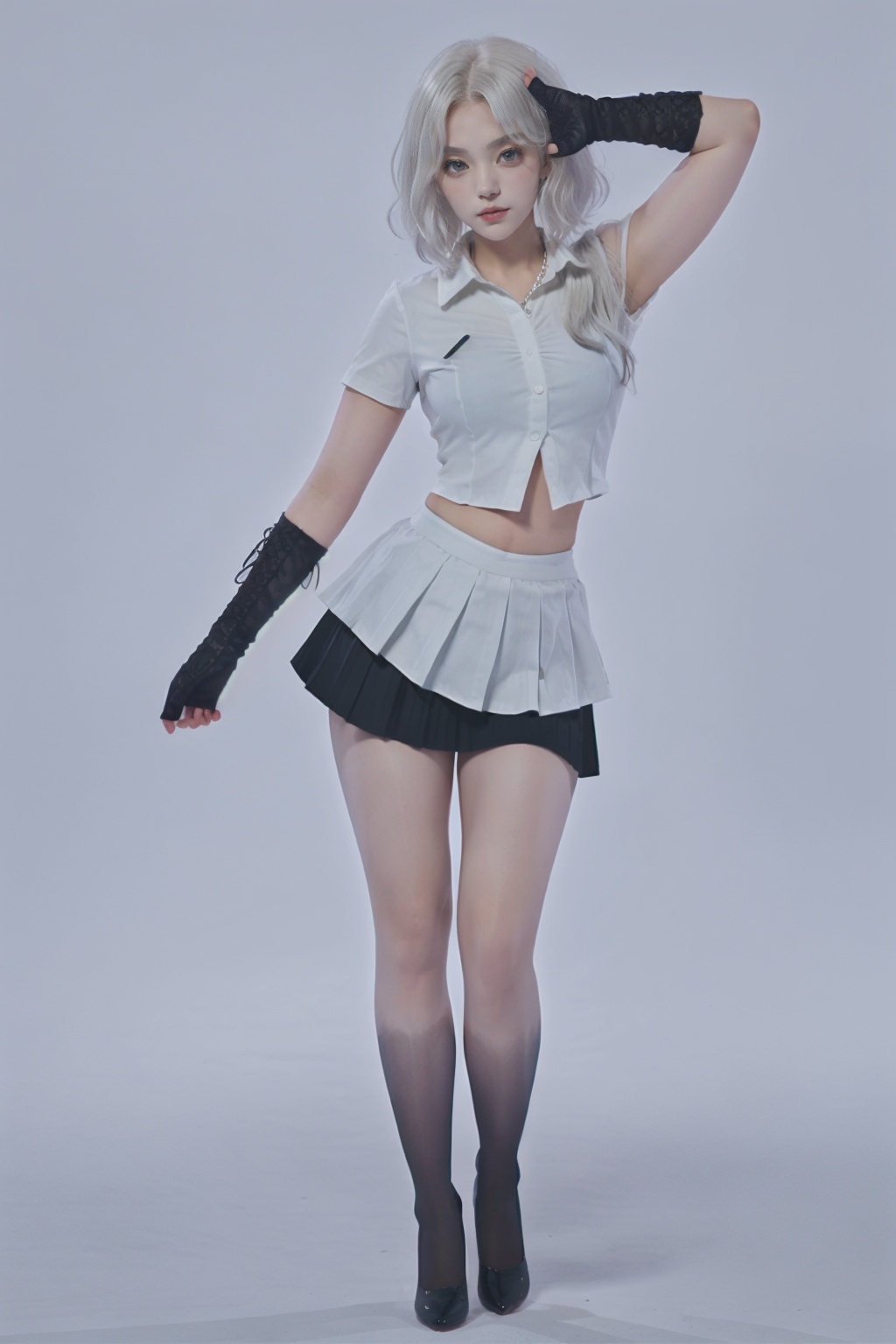 1girl,wsfz-021,(white hair:1.1),short hair,streaked hair,(white blouse:1.1),(black pleated skirt:1.1),cutout above navel,(lace:1.1),simple background,huge filesize,