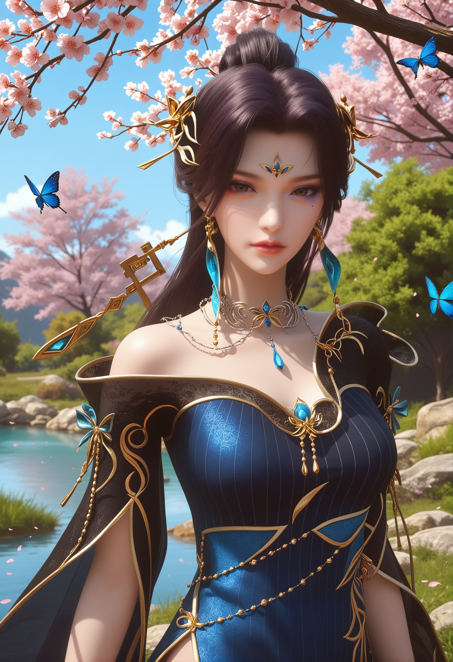 score_9,score_8_up,score_7_up,1girl,solo,realistic,(looking at viewer:1.1),1girl,solo,realistic,dress,black dress,blue dress,chinese clothes,embroidery,floral print,gold trim,long sleeves,blue butterfly,butterfly,chain,beads,cape,gold chain,feathers,blue gemstone,1girl,solo,realistic,jewelry,tiara,circlet,hair stick,hair ornament,tassel earrings,earrings,gold earrings,gem,bead necklace,necklace,1girl,solo,realistic,(mature face:1.4),(big eye:0.7),(pale_skin:1.1),(shiny_skin:1.1),(slender face:1.2),long hair,black hair,hair bun,brown eyes,forehead mark,forehead jewel,mole under eye,mole,nose,makeup,lipstick,facial mark,eyelashes,eyeshadow,bare shoulders,closed mouth,realistic,grass,madotsuki,cherry blossoms,falling petals,petals,outdoors,tree,rock,water,<lora:小巳-云望舒-斩燕凌:0.85>,