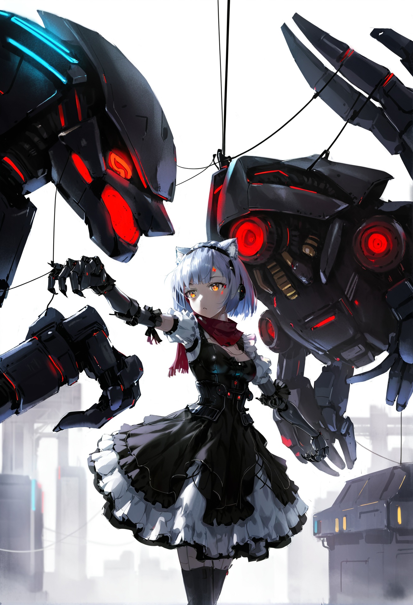 masterpiece, best quality,1girl,   red scarf, red hair, 1011ta dress, red eyes, cyberpunk, Prosthetic transformation, frilled dress, robot joints, black hair, stuffed toy, mechanical arms, scarf, monster, black dress, joints super bomber, dress, puppet, hime cut, claws, red dress, cat, joints, frills, long hair, blue eyes, paw pose, headband, puppet strings, short hair, blue hair, grey eyes, white hair, wire, yellow eyes <lora:DInoballXLlokr8f-000185:0.95>