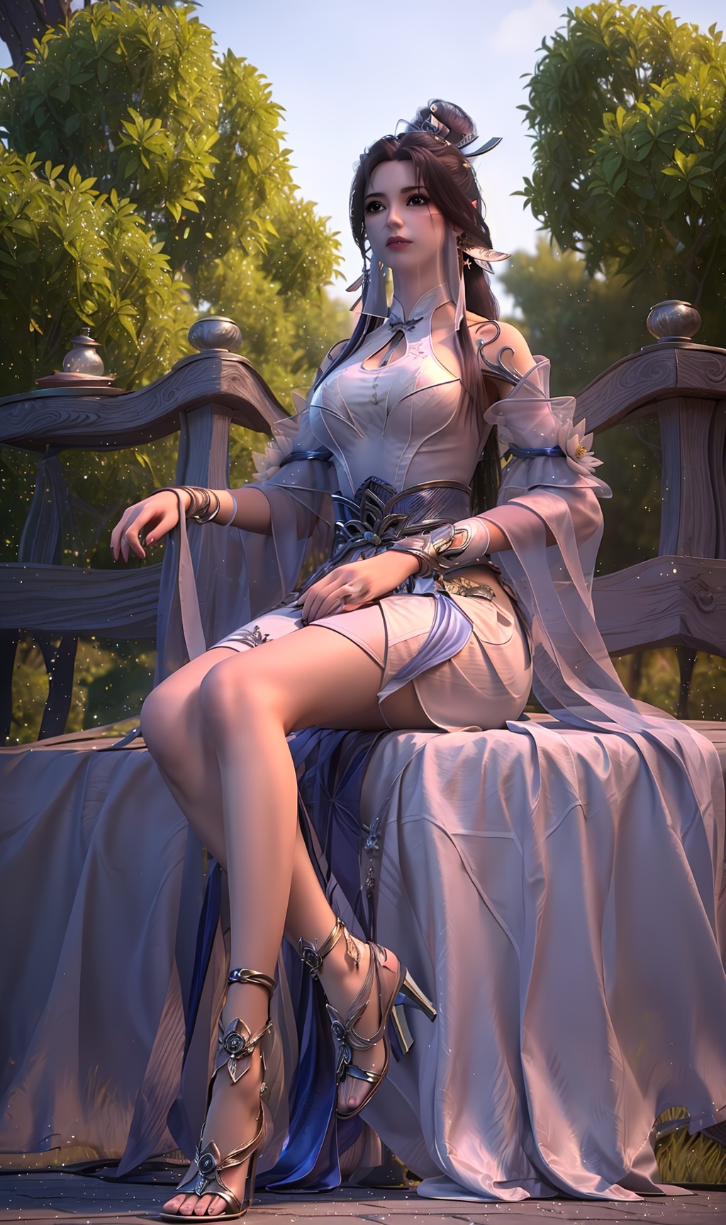 masterpiece,(best quality),3D,makeup,official art, extremely detailed cg 8k wallpaper,((crystalstexture skin)), (extremely delicate and beautiful),highly detailed,1girl,solo,long hair,headwear,(sitting),( hair),(( dress)),, (chinese_clothes),(veil), (mouth_veil),((full_body,whole_body)), (medium breasts),((hair_ornament)),facial_mark,,,(clothes),(chinese_clothes:),(dress),(skirts),(sunshine, outdoor),((looking_at_viewer)),((Facing the camera)),((high_heels)),(anklet),(long_legs),, <lora:hipoly3DModelLora_v10:0.3>