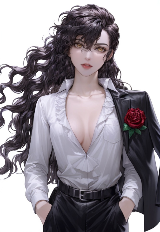 (best quality), ((masterpiece)), (highres), illustration, original, extremely detailed, <lora:美の欲:0.7>solo, long hair, flower, rose, red flower, 1girl, shirt, black hair, belt, looking at viewer, red rose, simple background, white shirt, white background, holding flower, yellow eyes, holding, open shirt, jacket on shoulders, jacket, long sleeves, hand in pocket, black jacket, wavy hair, hair between eyes, lips, open clothes, bangs, parted lips, cowboy shot, pants, black pants, collared shirt, collarbone
