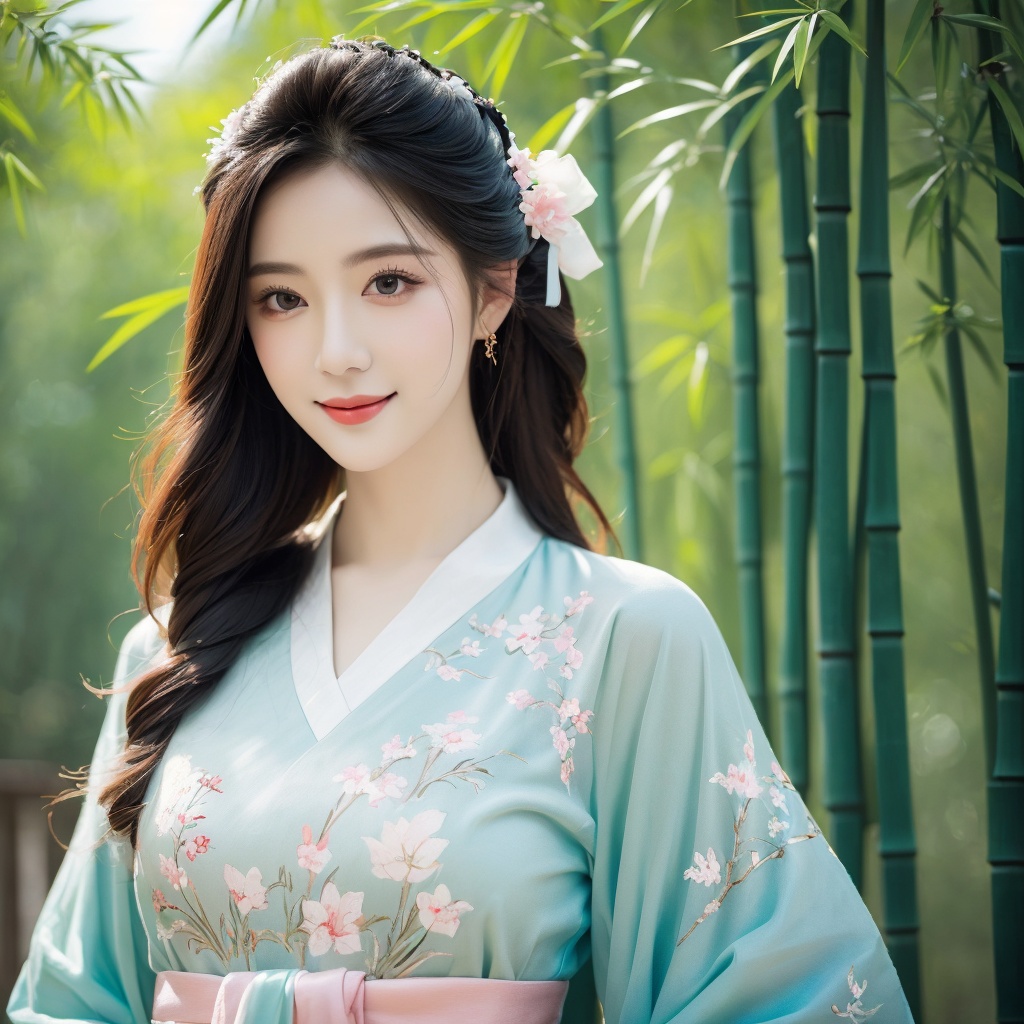Bamboo background,  Blue and white cross color gauze material clothing,  gauze clothes on Tensor.Art