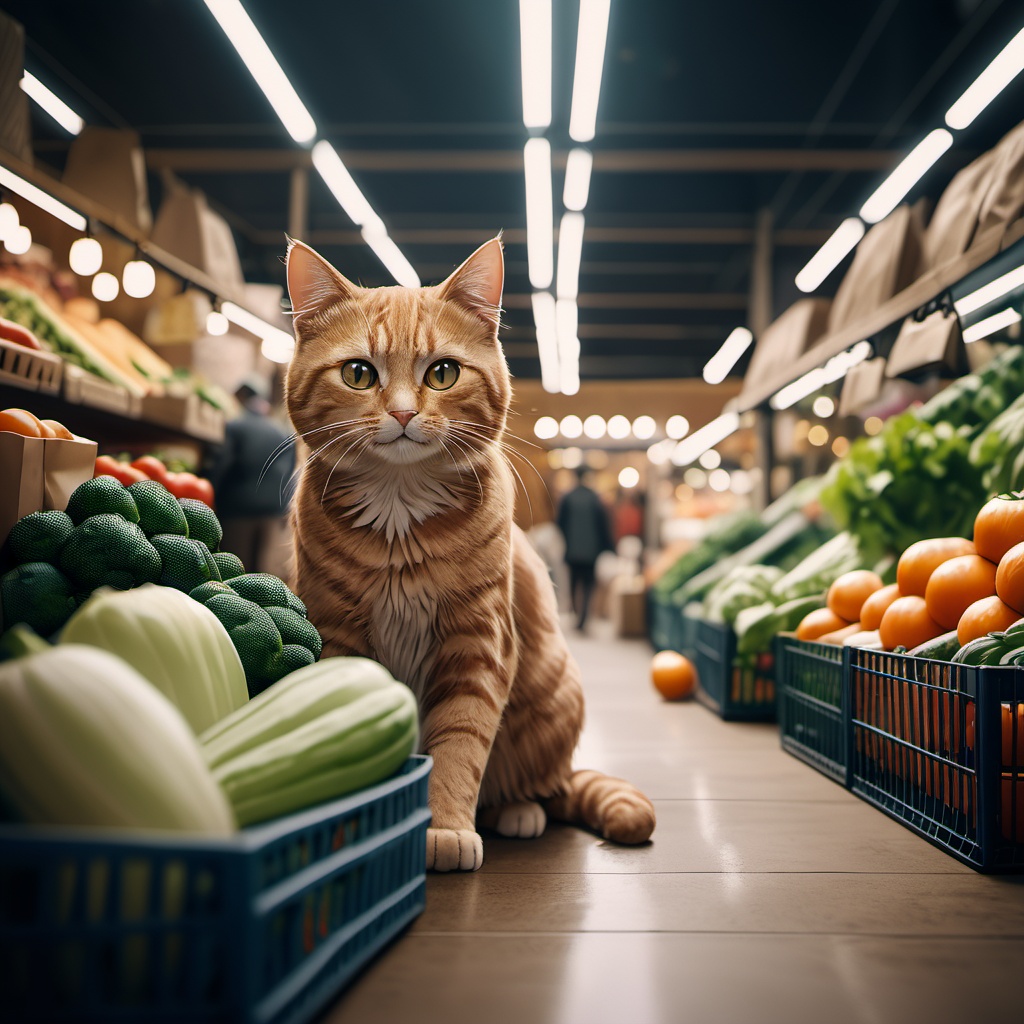 Cinematic still of cat holding shopping bag full of vegetables with paws,shopping with smile in a market. . Shallow depth of field,vignette,highly detailed,high budget,bokeh,Cinemascope,moody,epic,gorgeous,film grain,grainy,