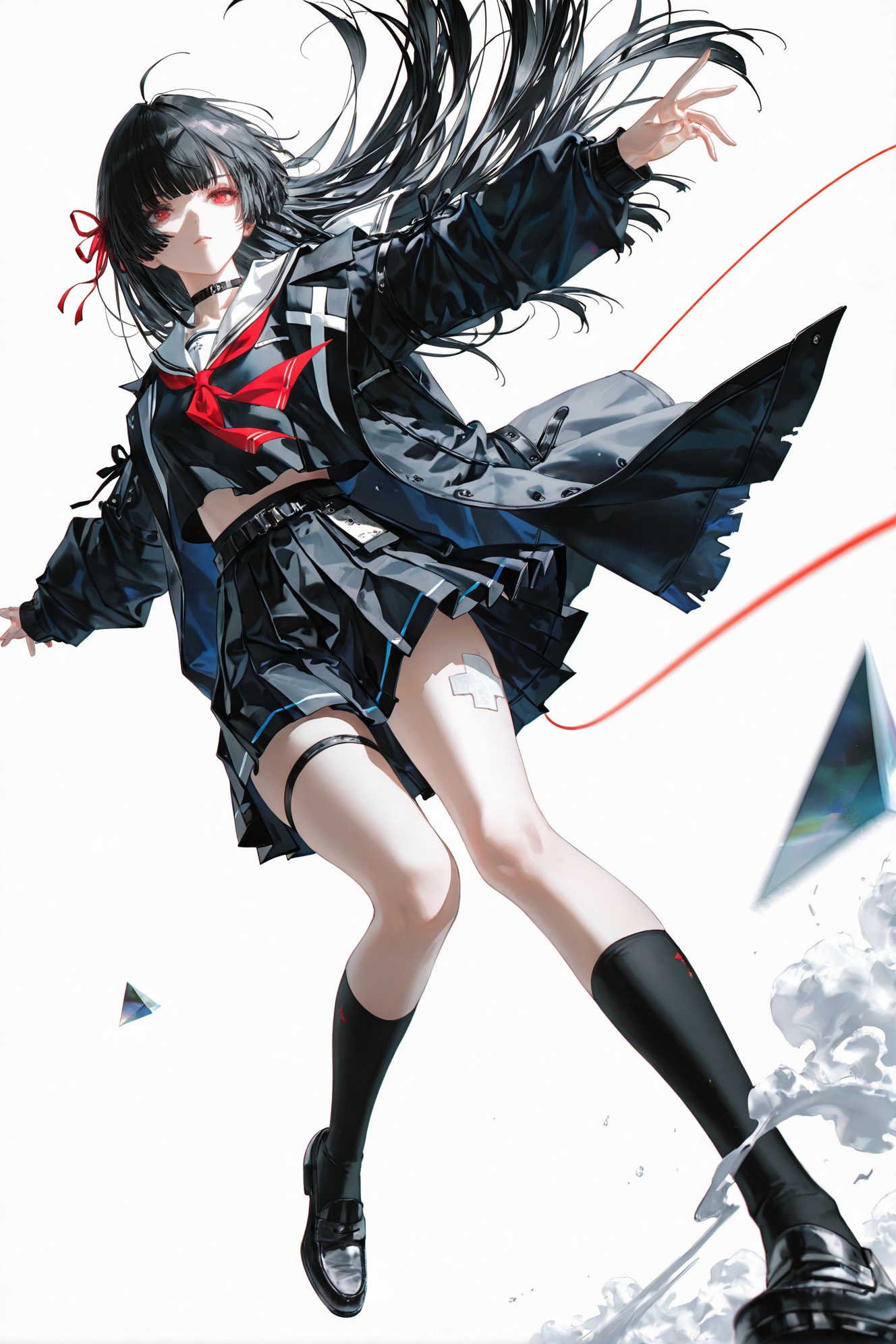 WJBZ,Realistic illustration,simple background,white background,wire,dynamic composition,out-of-focus effect,artistic out-of-focus,retro filter,texture brushstrokes,The edges of the lines are highly saturated and out of focus,accessories,dynamic composition,large perspective,the whole body,smoke,geometry,(artist:   quasarcake:0.8),depth of field,extreme aesthetic,(wlop:0.6),wanke,rella,wanke,masterpiece,best quality,good quality,newest,year 2024,year 2023,very aesthetic,absurdres,Visual impact,perspective composition,A shot with tension,ultra-high resolution,32K UHD,sharp focus,best quality,masterpiece,Emotionalization masterpiece,unconventional supreme,masterful details,with a high end texture,in the style of fashion photography,(Visual impact:1.2),giving the poster a dynamic and visually striking   appearance,impactful picture,offcial art,colorful,splash of color,movie perspective,masterpiece,best quality,amazing quality,very aesthetic,absurdres,best quality,newest,masterpiece,best quality,good quality,(((artist:Miv4t))),electric wave,falling,tension,special photograph,<lora:Chisa-noob-Tanger-000014:0.6>,Chisa \(Wuthering Waves\),clothes: Chisadef Dark Academia school uniform,Chisadef Oversized Jacket,Chisadef Pleated mini Skirt,1girl,long hair,black hair,socks,black footwear,serafuku,loafers,choker,Right arm markings,White medical patch on left thigh,thigh strap,geometry,