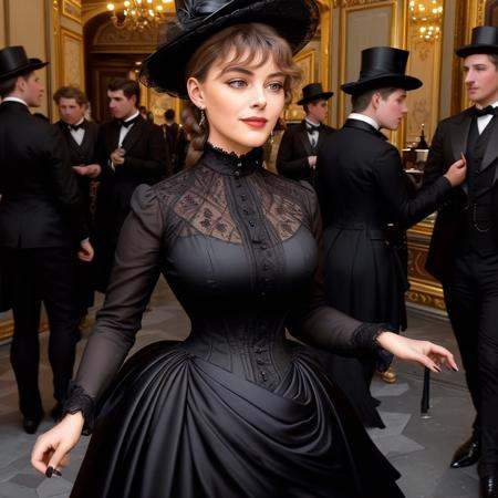 masterpiece,  uhd,  sharp color photo of a beautiful woman wearing a high-neck layered black dress on Tensor.Art