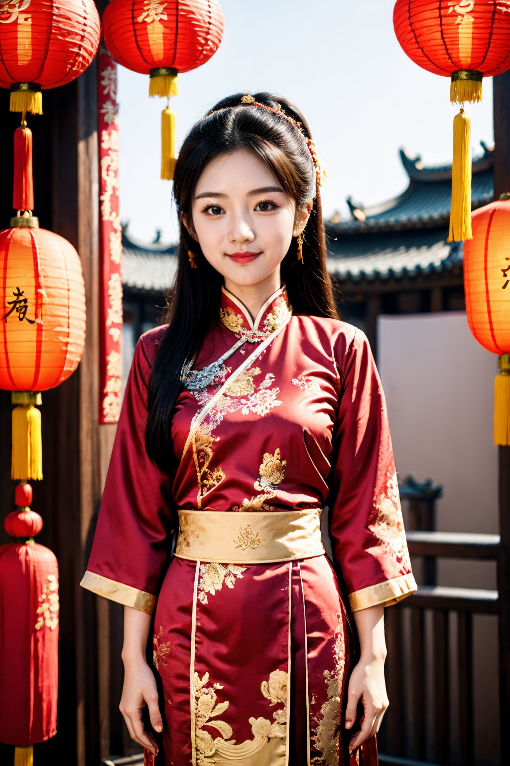 <lora:ChineseNewYear:0.6>, chinese new year, girl, (smirk:-0.4), long hair, arms at sides, red chinese clothes, paper lantern, 