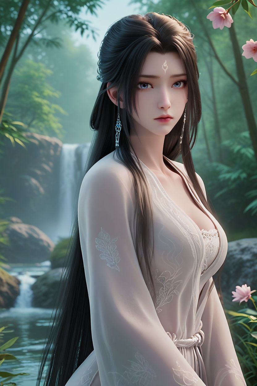 <lora:XL16诛仙陆雪琪单衣:0.95>,miss luxueqi,see-through robe,white lace bandeau,forehead mark,black hair,very long hair,long front strands,(large breasts:1.2),tree,flower,pink_flower,river,stone,flowers_Surrounded,looking at viewer,bamboo forest,, score_9,score_8_up,score_7_up,score_6_up,score_5_up,score_4_up,3d rendering,tag1,tag2, Cinematic Lighting,backlighting,