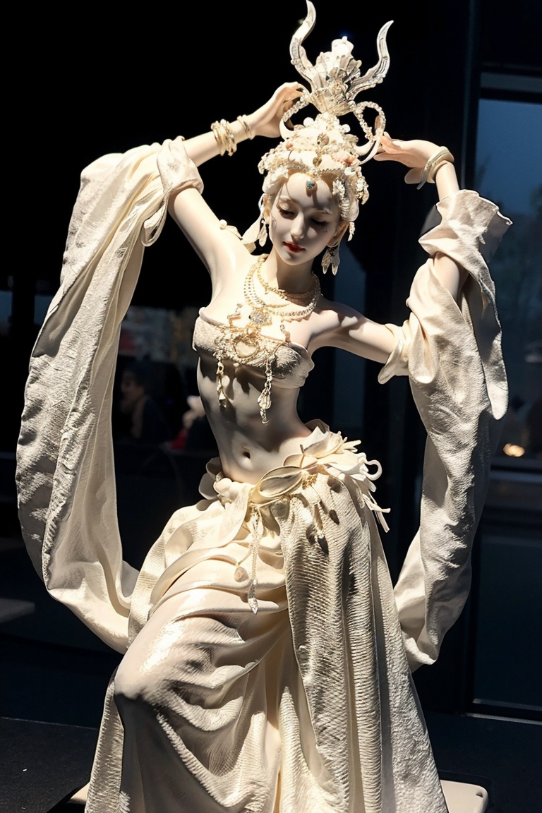 dehuabaici,1girl,closed eyes,jewelry,skin made of porcelain,solo, dress, miaoyuansu, hair ornament, headgear, hat, earrings, jewelry, bracelet, necklace, upper body, bare shoulders, looking at viewer, anklet, dancing, belt, Miao outfit, meticulous silver headdress, vibrant, elaborately, an array of ornate jewelry adorned with silver coins,beautiful scenes,  night, starry sky, moon,backlighting, low angle shot, from below, wide shot, depth of field, soft, <lora:miaoNJ:0.2> <lora:miaoyuansu-000009:0.2> <lora:dehuabaici-000010:0.9>
