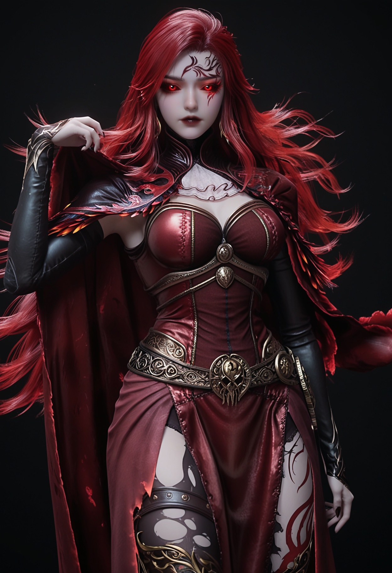 (upper_body:1.2),score_9,score_8_up,masterpiece,(best quality),intricate details,facing viewer,(looking at viewer:1.1),<lora:YQ_pony_maxiaotao_fuzhang2_V4:0.8>,q1528437228,1girl,solo,long hair,red hair,red eyes,dress,cape,belt,boots,jewelry,red dress,thighhighs,earrings,colored sclera,black sclera,high heels,torn clothes,tattoo,red cape,ascot,brown eyes,facial mark,gloves,armor,glowing eyes,red sclera,thigh boots,high heel boots,white ascot,black footwear,BREAK(score_9:1.2),(score_8_up:1.2),masterpiece,best quality,very aesthetic,perfect anatomy,(hourglass),perfect face,(simple background,pure black background,black background:1.1),fair_skin,(shiny_skin:1.1),Ivory_skin,