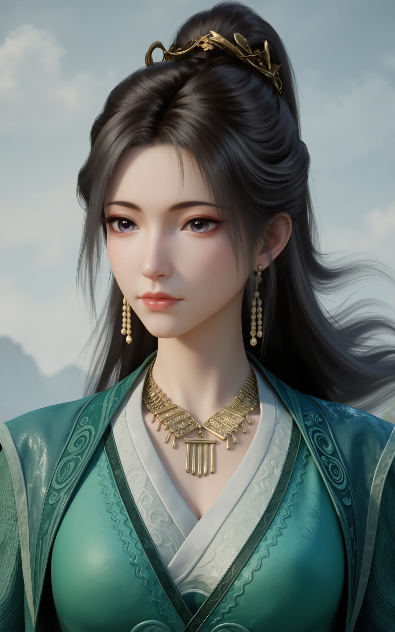 <lora:慕沛灵·6:1.1>,mupeiling,1girl,solo,jewelry,long hair,earrings,brown hair,hair ornament,necklace,realistic,dress,black hair,closed mouth,ponytail,green dress,long sleeves,chinese clothes,looking_at_viewer,cover,gradient background,close-up details,outstanding style,adding a touch of dimension to your images without compromising details,close-up,<lora:DJ滤镜_2.5D版:0.3>,lvjing,<lora:油画唯美滤镜15:0.2>,baoshi,