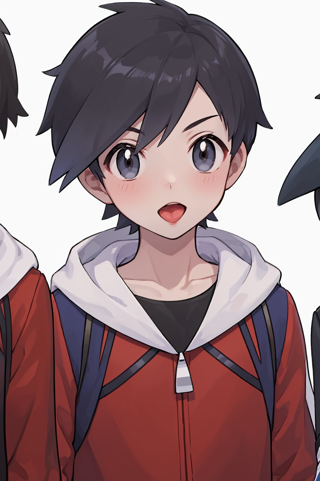 masterpiece,best quality, highly detailed, ethan (pokemon),male focus,open mouth,tongue,long sleeves,red jacket,1boy,d,blush,black shirt,upper body,hand up,white background,zipper pull tab,2boys,<lora:ethan_(pokemon):1>