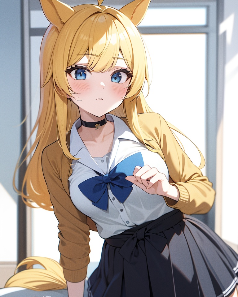1girl, solo, blonde hair, horse ears, gyaru, horse girl, horse tail, tail, multicolored hair, animal ears, skirt, ahoge, blue eyes, hair ornament, clothes around waist, looking at viewer, scrunchie, long hair, shirt, v, colored inner hair, bracelet, bowtie, white shirt, blue hair, pleated skirt, jewelry, alternate costume, bow, two-tone hair, breasts, kogal, black skirt, choker, blush, black bowtie, cardigan around waist, collared shirt, school uniform, socks