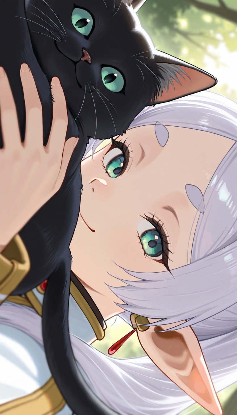 solo, 1girl, frieren, smiling,best quality,good quality,holding cat, black cat, forest,out of frame, upper body, close up, looking at viewer, dynamic angle, from below, from side, relaxing