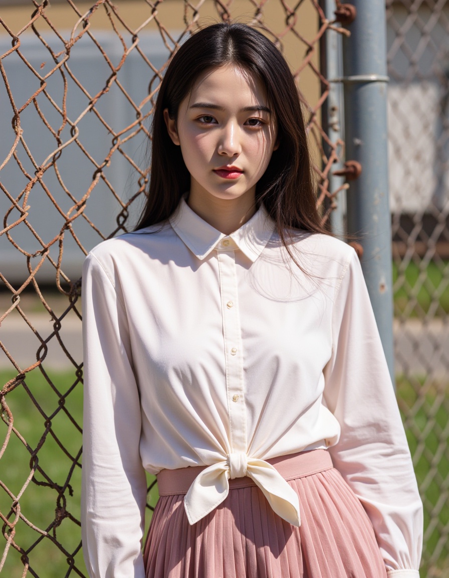 The image is a high-resolution photograph,Vibrant colors infused with mixed colorism,soft_light_style,In the image,a young woman is the central figure,standing against a backdrop of a chain link fence. She is dressed in a blouse,which is tied at the waist with a bow. The woman's is long hair,and she is wearing pleated skirt. The fence behind her is rusted,suggesting it has been exposed to the elements for some time. The woman is looking directly at the camera,her expression neutral. The image is taken from a slightly elevated angle,providing a clear view of the woman and the fence.