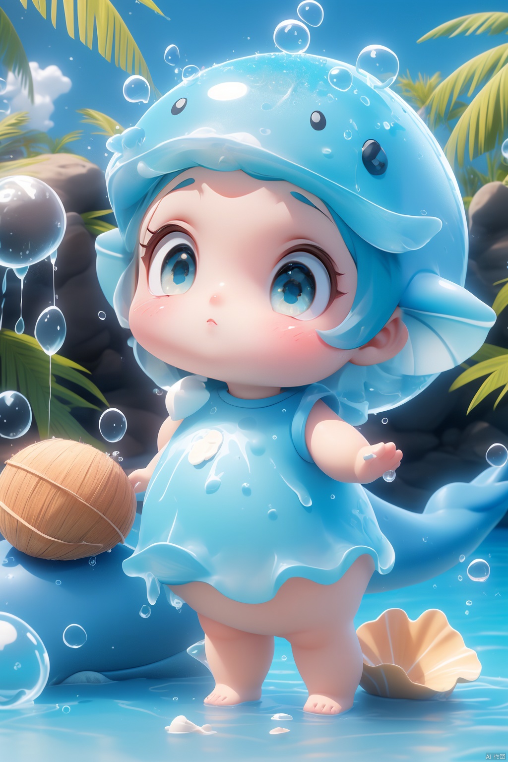 (masterpiece), (best quality), Exquisite visuals, high-definition, (ultra detailed), finely detail, Kawai, loveliness, standing, ((full body)), a slightly shy loli with short blue hair,anthropomorphic whale,a center cut, (child:1.2),whale clothing,blue skirt,(((spray water on the head, there is a water column on the head))),there are many colorful bubbles around,melting clothes, clothes made of water,whale tail,The environment is next to the beach, with coconut trees and many seashells on the beach<lora:EMS-262746-EMS:0.500000>
