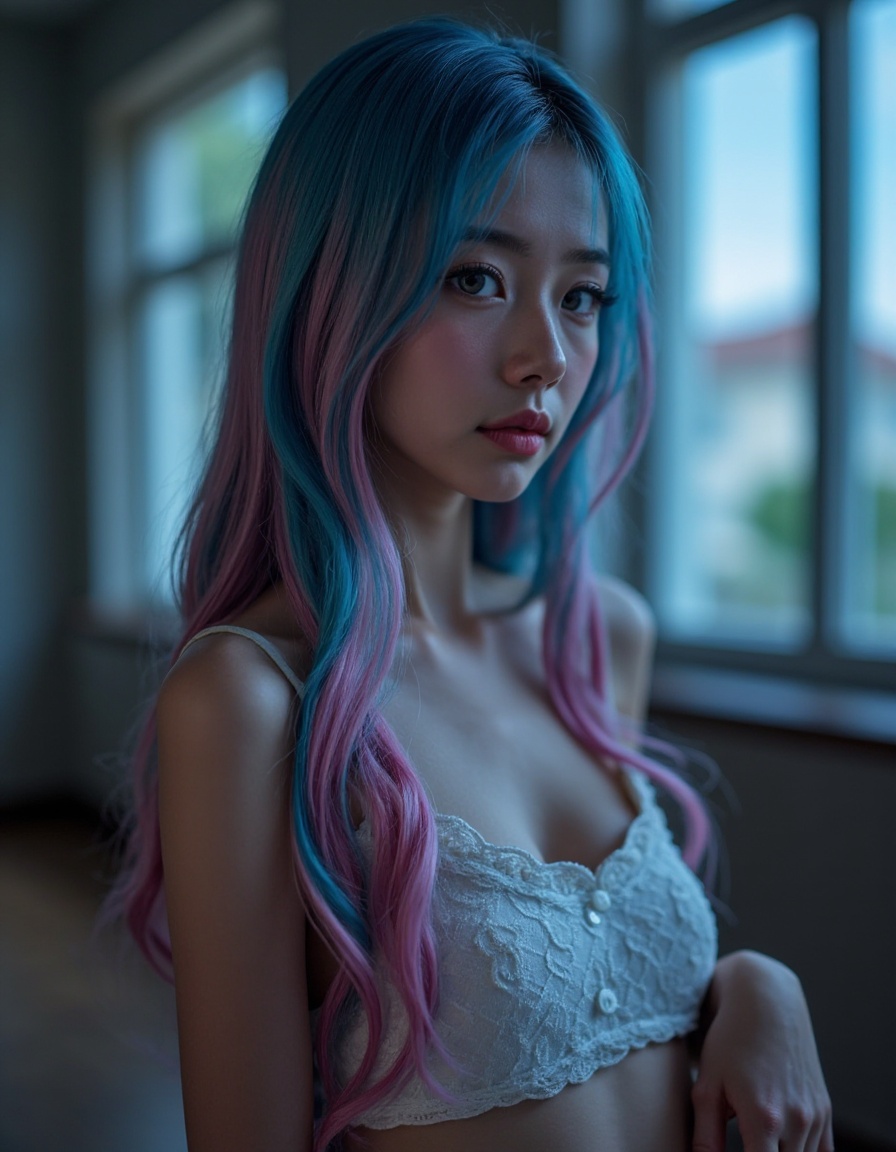 HDR photo of cinematic film still (best quality:1.4),(masterpiece:1.4),(photorealistic:1.4),(realistic:1.2),(ultra high res, raw photo:1.4),(hdr, hyperdetailed:1.2),(8K:1.2),(original Photo:1.2),cinematic photo 1girl,18 y.o girl,cute face,bstract,glowing,(blue hair:1.4),(pink hair:1.35),(long hair:1.4),skirt,(lace:1.2),sleeveless, . shallow depth of field, vignette, highly detailed, high budget, bokeh, cinemascope, moody, epic, gorgeous, film grain, grainy . High dynamic range, vivid, rich details, clear shadows and highlights, realistic, intense, enhanced contrast, highly detailed