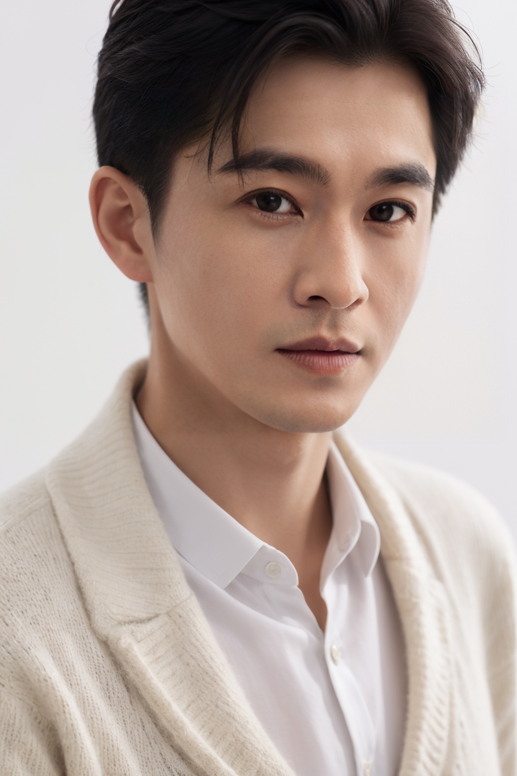 handsome male,upper body portrait,white background,(white cardigan),,QiaoZY20240815002,upper body,<lora:QiaoZY_20240815112510:0.4>