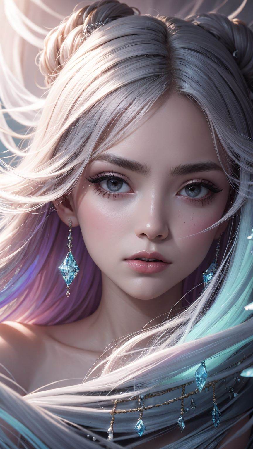 highly intricate, extremely detailed, abstract style hauntingly ethereal portrait of a mysterious figure draped in translucent fabric, crystals adorning their hair, amidst a dreamlike swirl of pastel hues and soft light, evoking a sense of calm serenity and elusive beauty, high detail, award winning masterpiece with incredible details, non-representational, colors and shapes, expression of feelings, imaginative, highly detailed