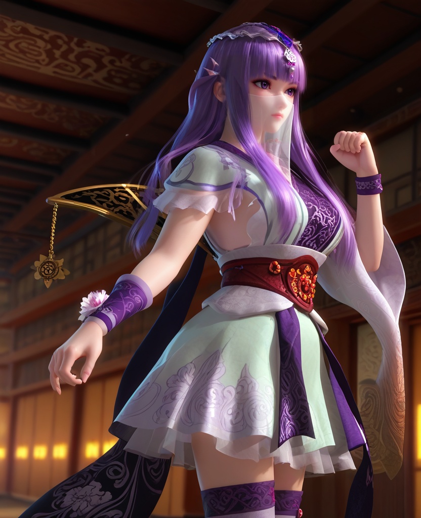 (oriental architecture, elegant decor, sophisticated style:1.1),(fist bumping:1.1),(breasts:1.2),<lora:XL16秦时明月少司命:0.95>,priestess of birth,short dress,veil,purple eyes,purple hair,long hair,hime cut,hair ornament,back-crossing sash,thighhighs,wristband,bell,, score_9,score_8_up,score_7_up,score_6_up,score_5_up,score_4_up,3d rendering,tag1,tag2, Cinematic Lighting,backlighting,