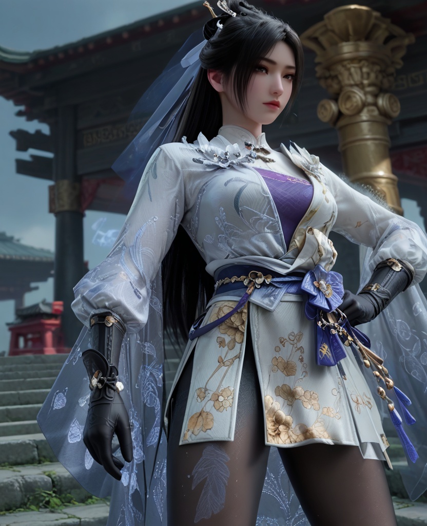 (oriental architecture, elegant decor, sophisticated style:1.1),(Standing with legs wide apart, hands on hips,:1.1),(breasts:1.2),<lora:XL永劫无间顾清寒冰雁:0.95>,miss guqinghan,white dress,purple lingerie,sash,black hair,long hair,hair ornament,black gloves,black pantyhose,fart curtain,, score_9,score_8_up,score_7_up,score_6_up,score_5_up,score_4_up,3d rendering,tag1,tag2, Cinematic Lighting,backlighting,