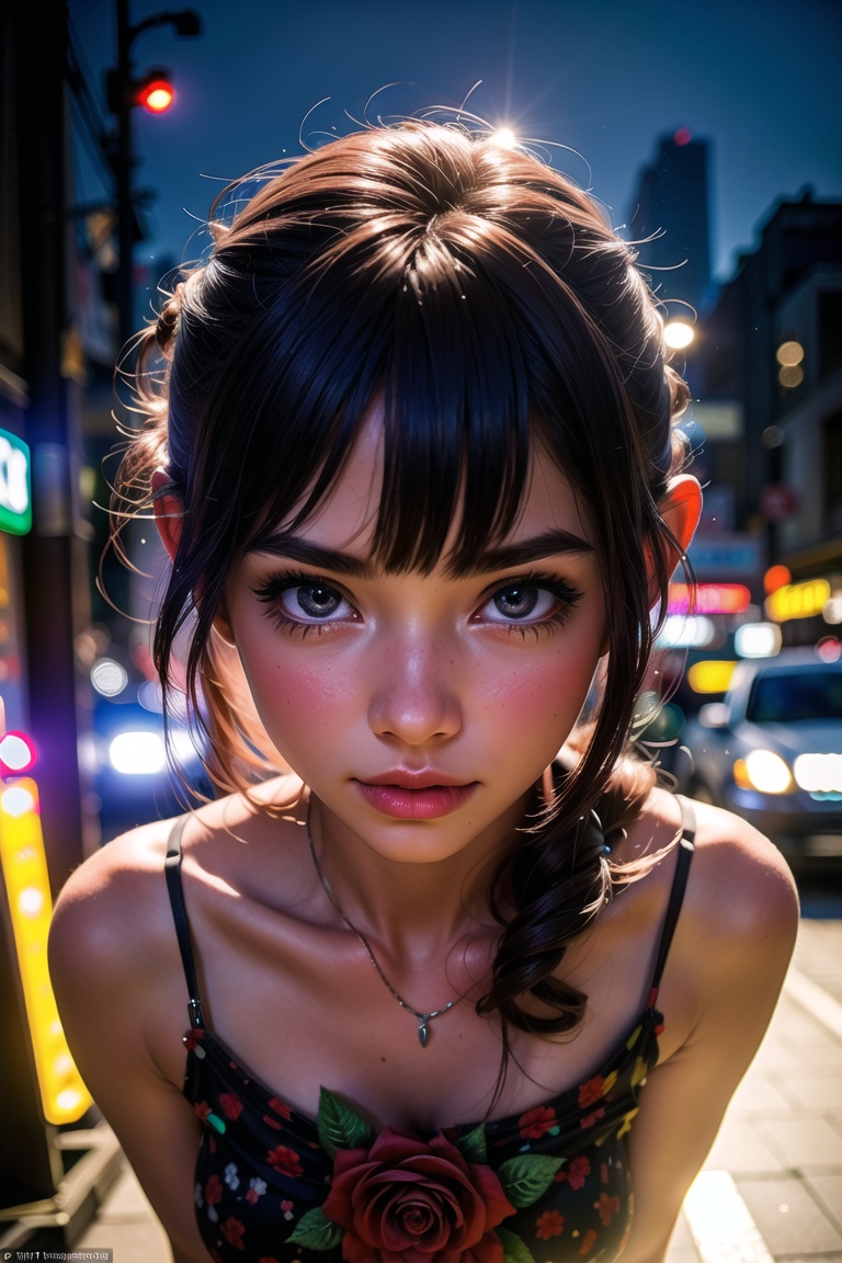 Tilt-shift photo of 1girl,  Tokyo street,  night on Tensor.Art