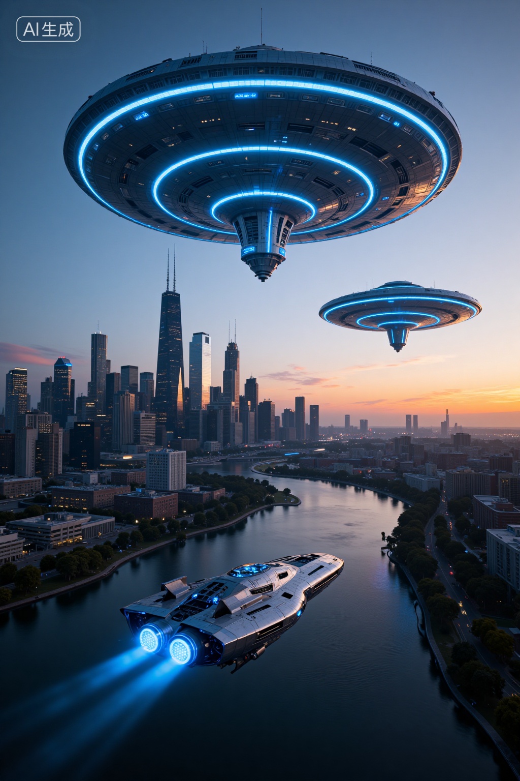 A CGI image of a futuristic cityscape at dusk,featuring two massive,glowing blue,UFO-like spacecraft hovering above. The city has modern skyscrapers,including the iconic Willis Tower,with a river winding through it. A sleek,high-tech spaceship with blue lights flies towards the foreground. The sky is a gradient of orange and blue hues.,, Negative prompt: ng_deepnegative_v1_75t,(badhandv4:1.2),EasyNegative,(worst quality:2),,nsfw, Steps: 20, Sampler: DPM++ 2M, CFG scale: 3.5, Seed: 1164041165, Size: 1024x1536, Model hash: 8cba4f1ef4, Model: F.1基础算法模型-哩布在线可运行_F.1-dev-fp8.safetensors, Denoising strength: 0, RNG: CPU, Lora 1: 20250924-1758728956383-0005, Lora Hash 1: ad89eec96e, Lora Weight 1: 0.8, vae_name: automatic