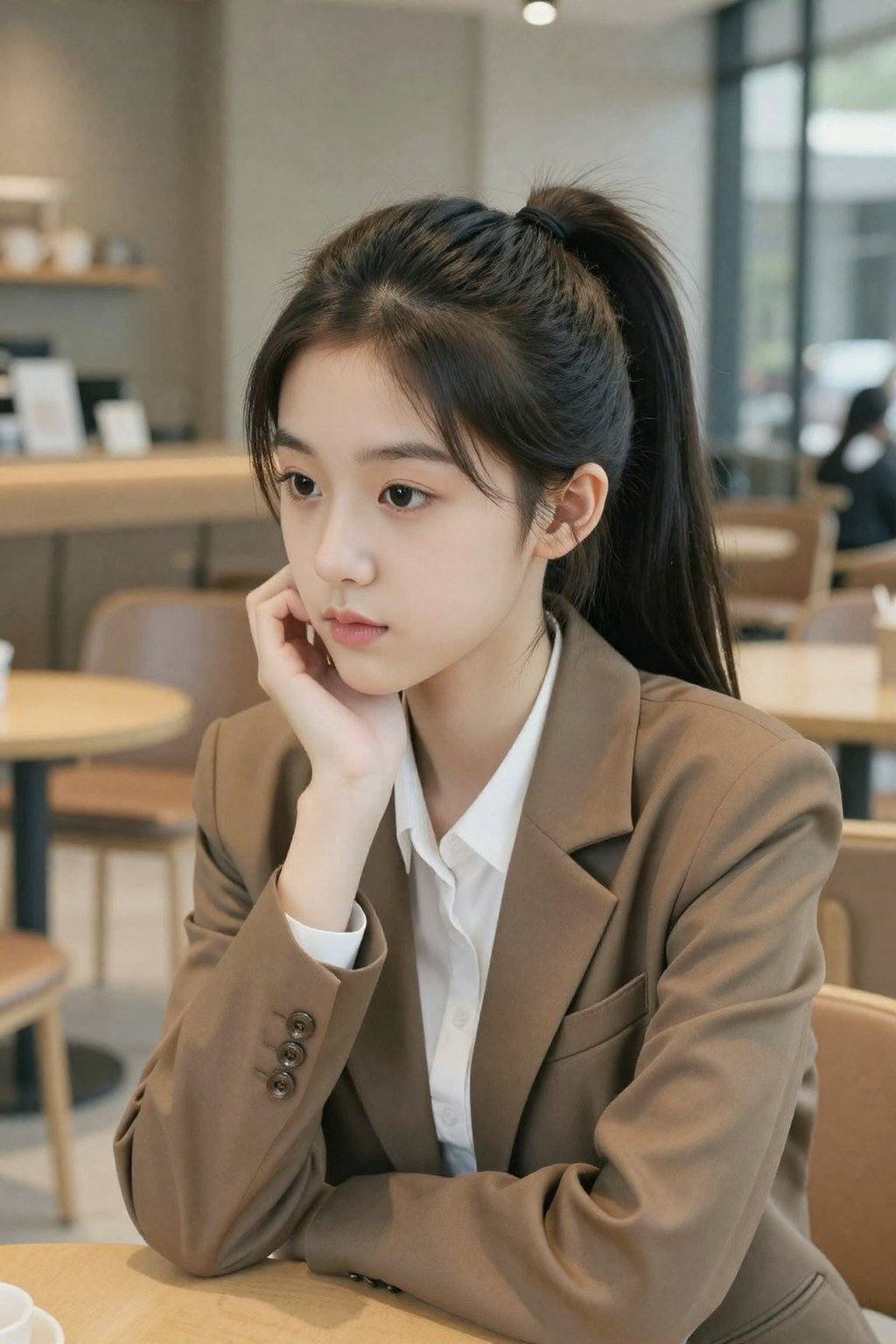 <lora:20260302_TinZITSharpnessSliderLora_v1_000000060:0>, A photograph of a young Asian woman with fair skin, long black hair tied back in a high ponytail, and delicate facial features. She wears a brown blazer over a white shirt, sitting in a modern, softly lit café. Her expression is contemplative, resting her chin on her hand. The background shows blurred, warm-toned café seating and a glass window, creating a serene, intimate atmosphere.
