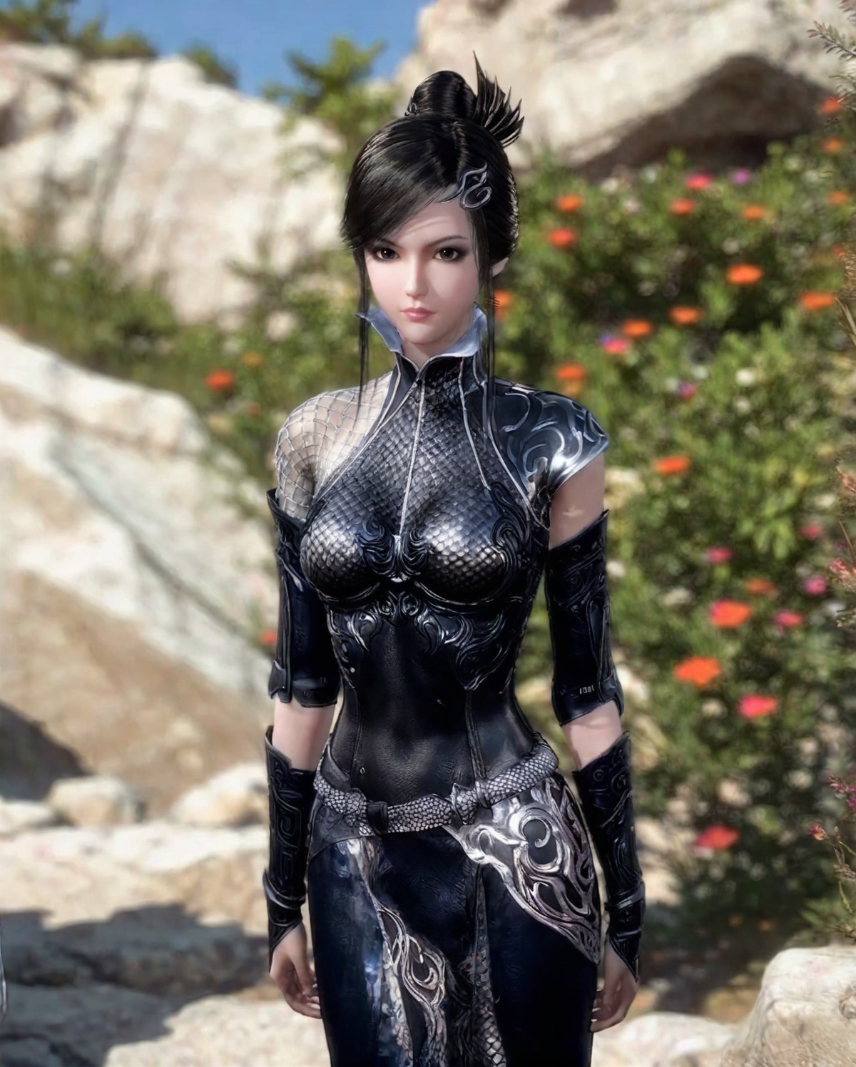 <lora:SF_QiongNi_Pony_Realism-000003:0.7>,1girl,solo,armor,hair bun,hair ornament,standing,looking at viewer,black hair,long hair,