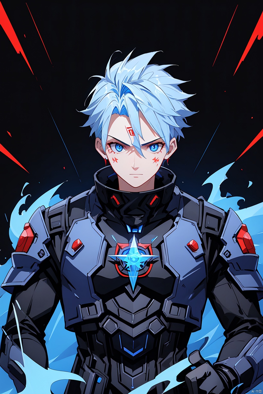 1 boy,  blue eyes,  There is a tattoo on the forehead, Flame hair, Burning hair, (bust: 1.3),  dynamic pose,  HD,  32k,  (Masterpiece: 1.5), Red textured mecha, Pendulum,  Hidden hands.,  Arso, black background,<lora:EMS-266116-EMS:0.400000>