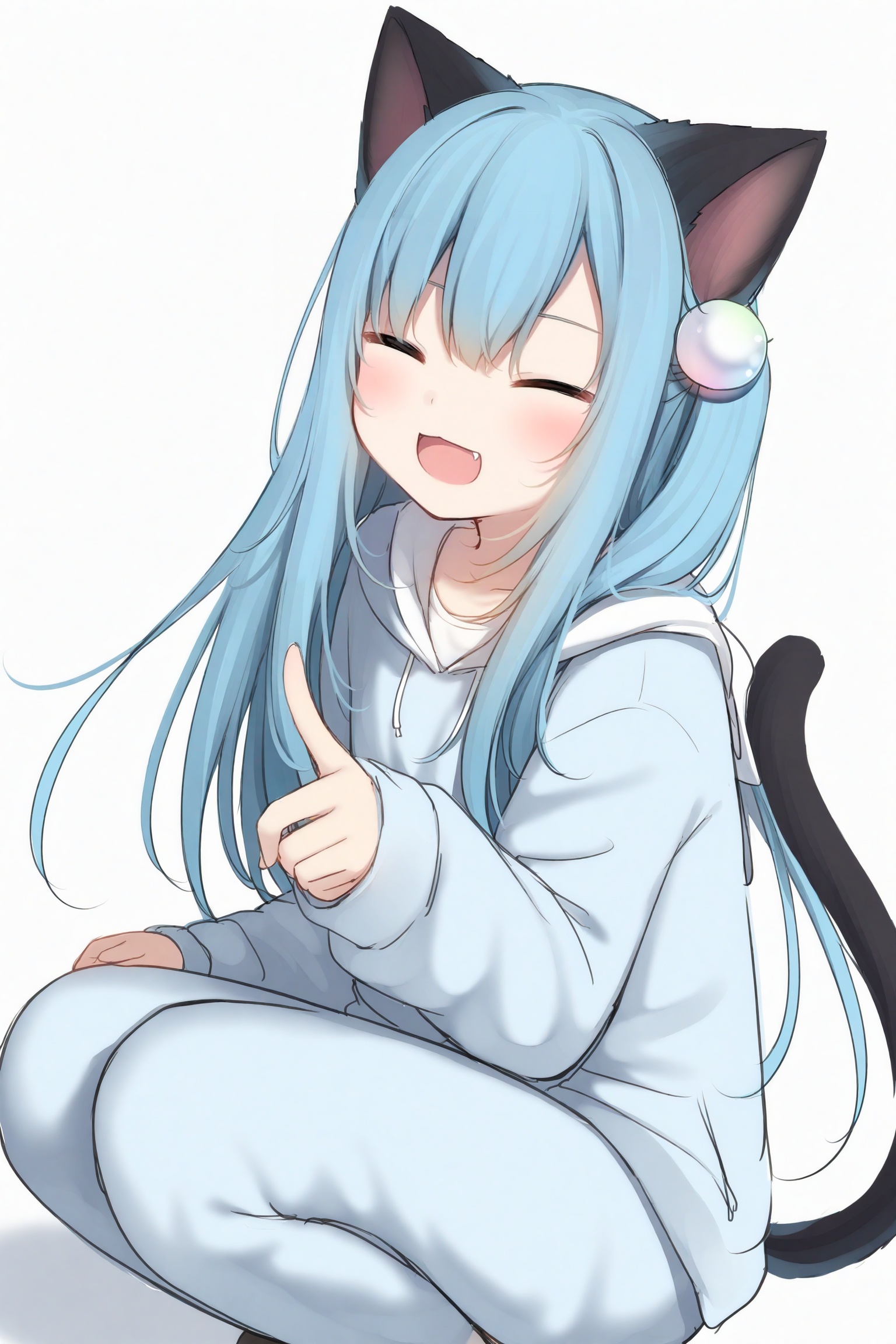 Best-A, amashiro_natsuki, NekohaShizuku_\(amashiro_natsuki\), 1girl, animal_ears, tail, cat_ears, solo, blue_hair, cat_tail, closed_eyes, white_background, smile, long_hair, fang, open_mouth, simple_background, squatting, pointing, cat_girl, long_sleeves, blush, hood, :d, hoodie, hood_down, meme, hair_between_eyes,paw_in_eyes