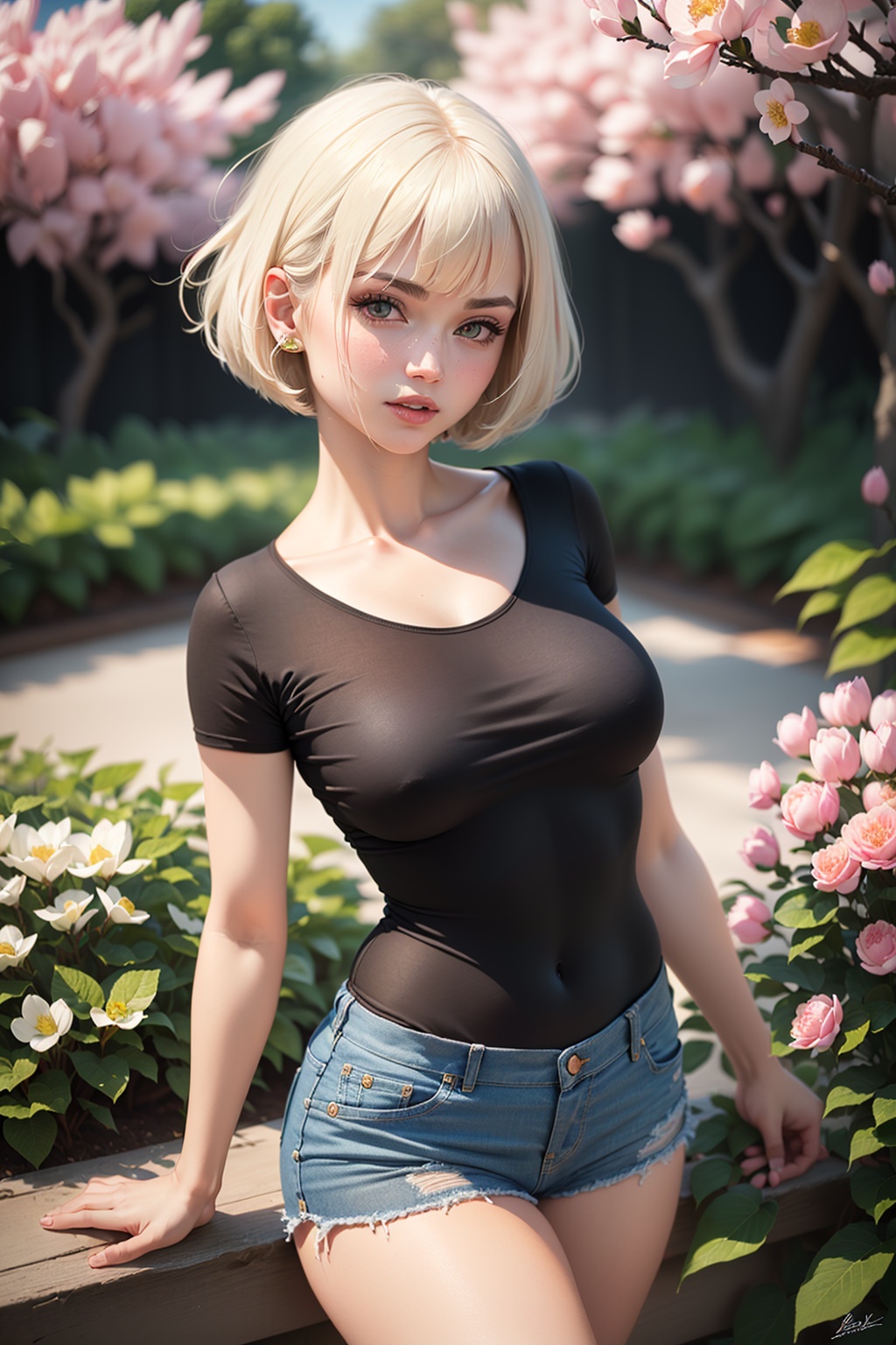 pretty 1girl, absurdres, 8k uhd, platinum blonde hair, bob cut, medium breasts, black tshirt, denim shorts, garden background, flowers, magnolias, apple tree, close up portrait