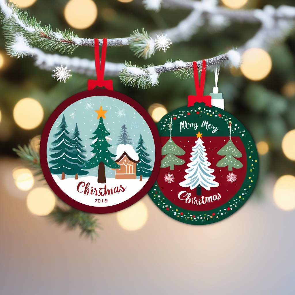 Christmas badges,A festive Christmas ornament with a snowy pine tree design,set against twinkling holiday lights and decorations.,