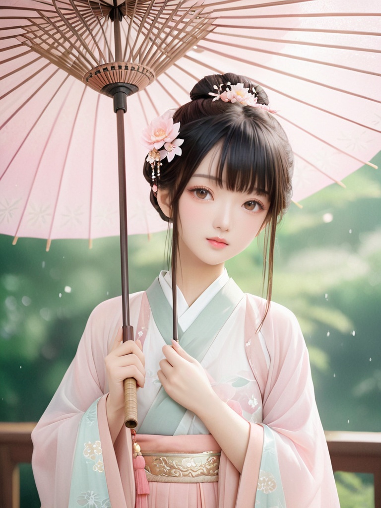 Asian female,traditional attire,Hanfu,holding umbrella,floral hair accessories,outdoor setting,natural daylight,focused gaze,soft makeup,young *****,portrait,bokeh background,pastel colors,cultural dress,elegance,serene expression,white and pink color scheme,hair fringe,delicate pose.,realistic,film photography style,light grain,masterpiece,best quality,<lora:SDS-XL泛光调节器_v1.0:0.8>,<lora:SDXL_FILM_PHOTOGRAPHY_STYLE_BetaV0.4:0.6>,